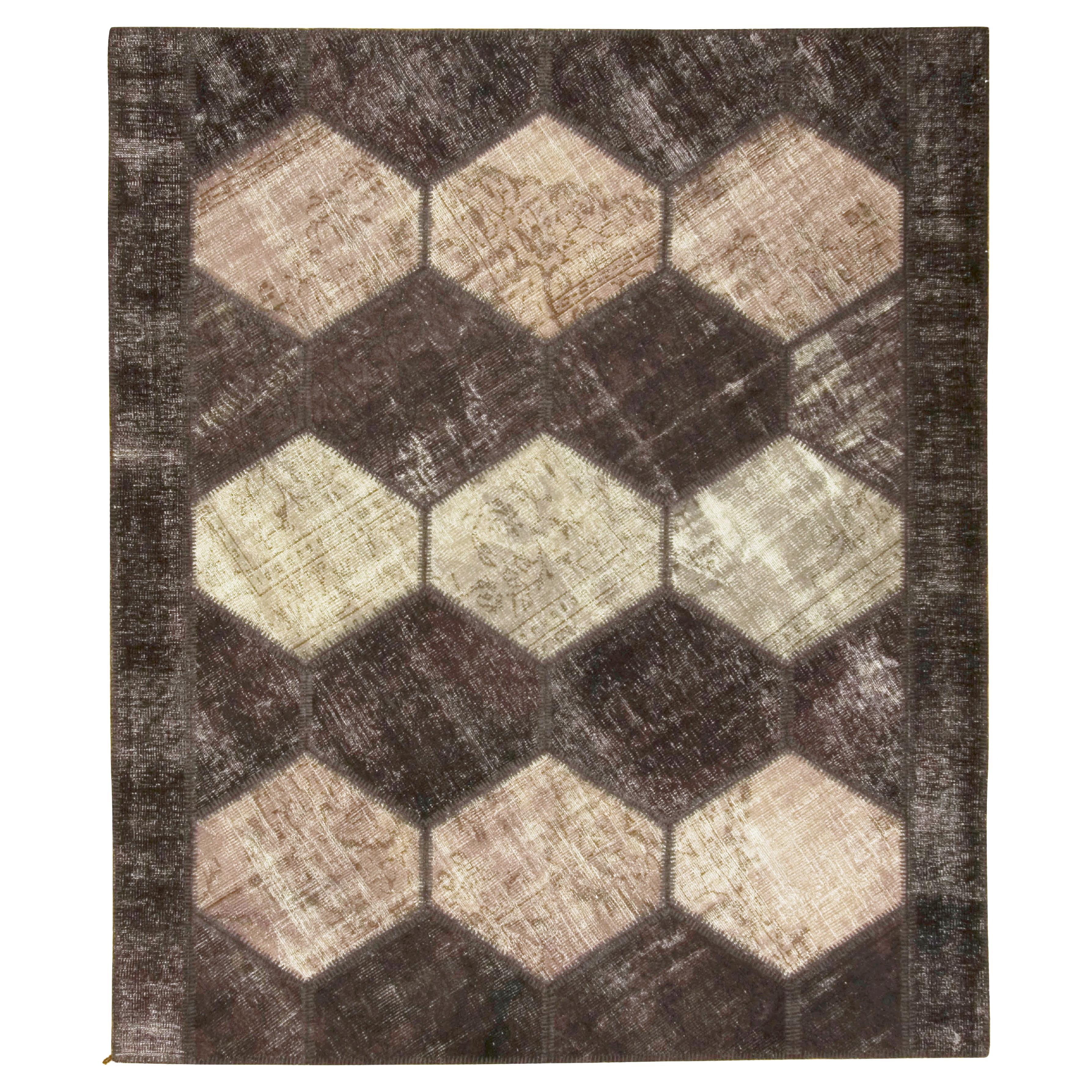 Vintage Turkish Brown Patchwork Hand Knotted Wool Rug Carpet 7'3 x 8'6 For Sale