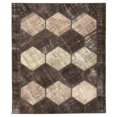 Vintage Turkish Brown Patchwork Hand Knotted Wool Rug Carpet 7'3 x 8'6