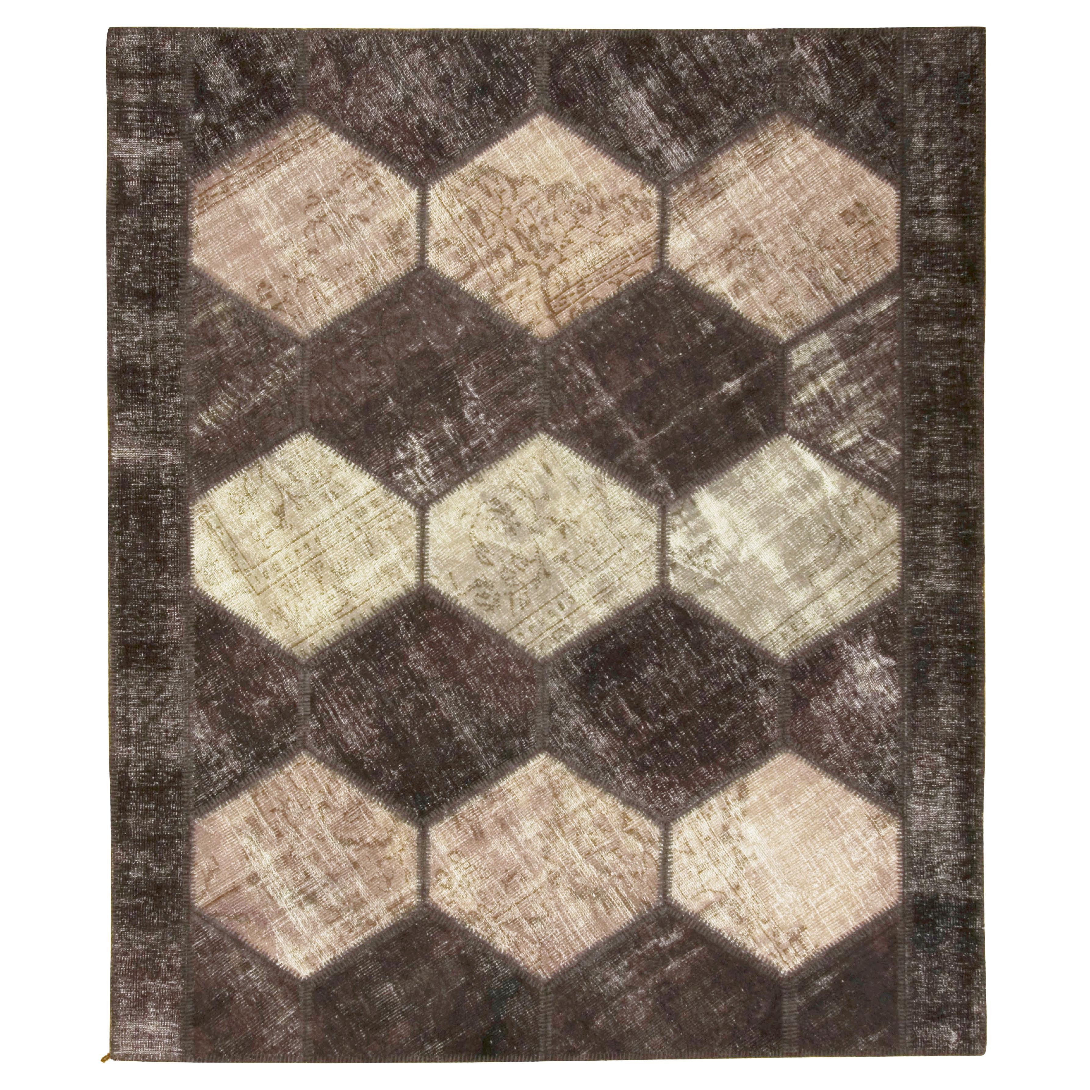 Vintage Turkish Brown Patchwork Hand Knotted Wool Rug Carpet 7'3 x 8'6 For Sale