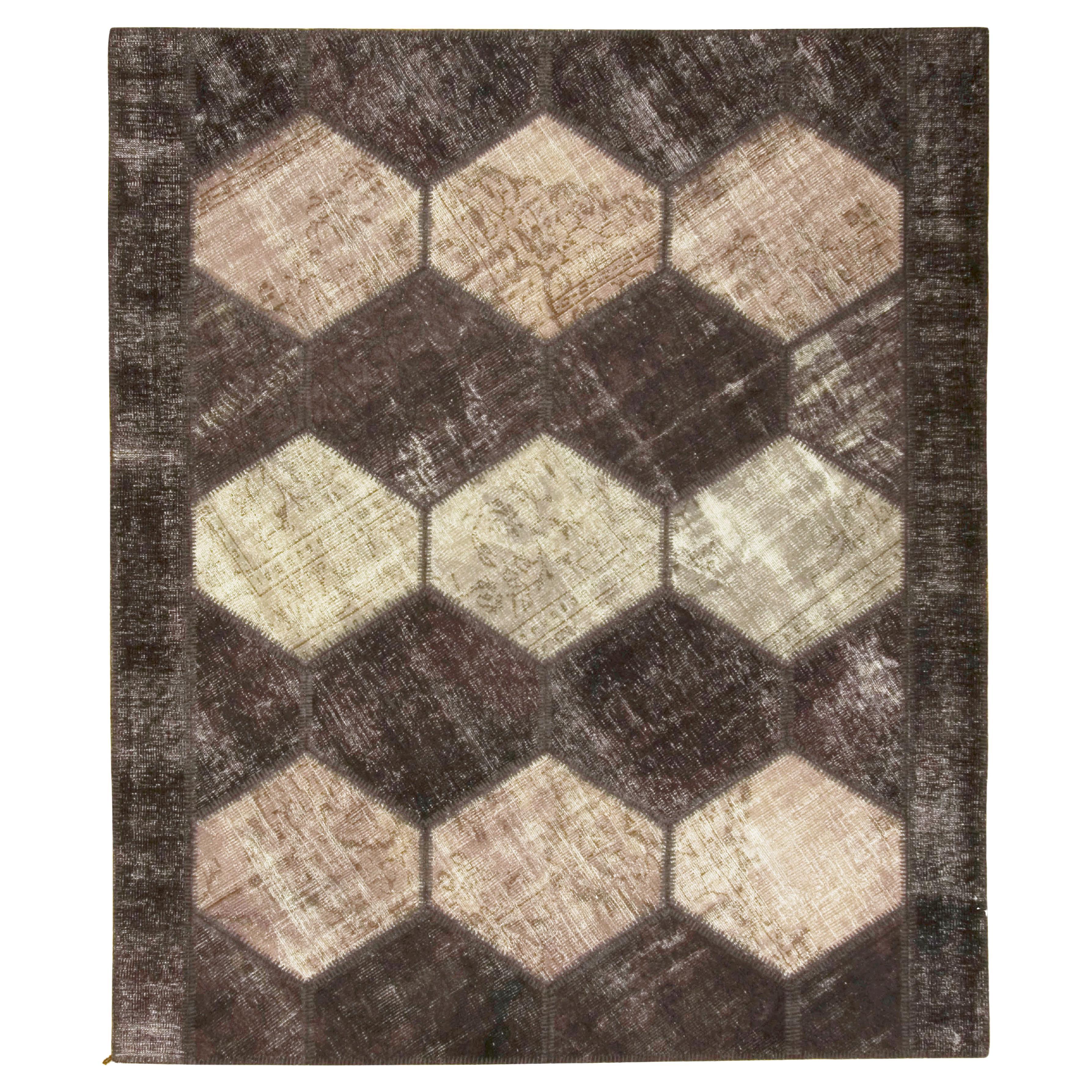 Vintage Turkish Brown Patchwork Rug Carpet 7'3 x 8'6 For Sale