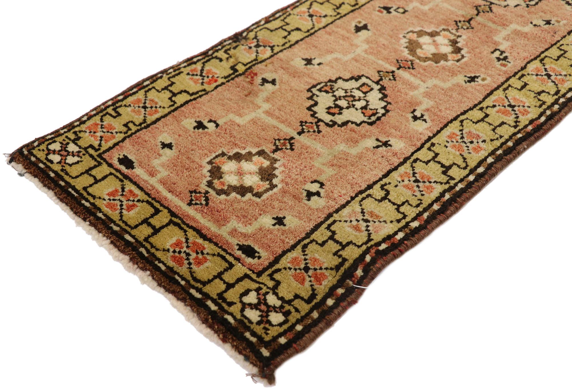 51816 Vintage Turkish Yastik Rug, 01'03 x 03'07. This hand-knotted wool vintage Turkish Yastik rug showcases the enduring elegance and charm of Anatolian weaving traditions. The rug's central field is adorned with a series of intricately designed