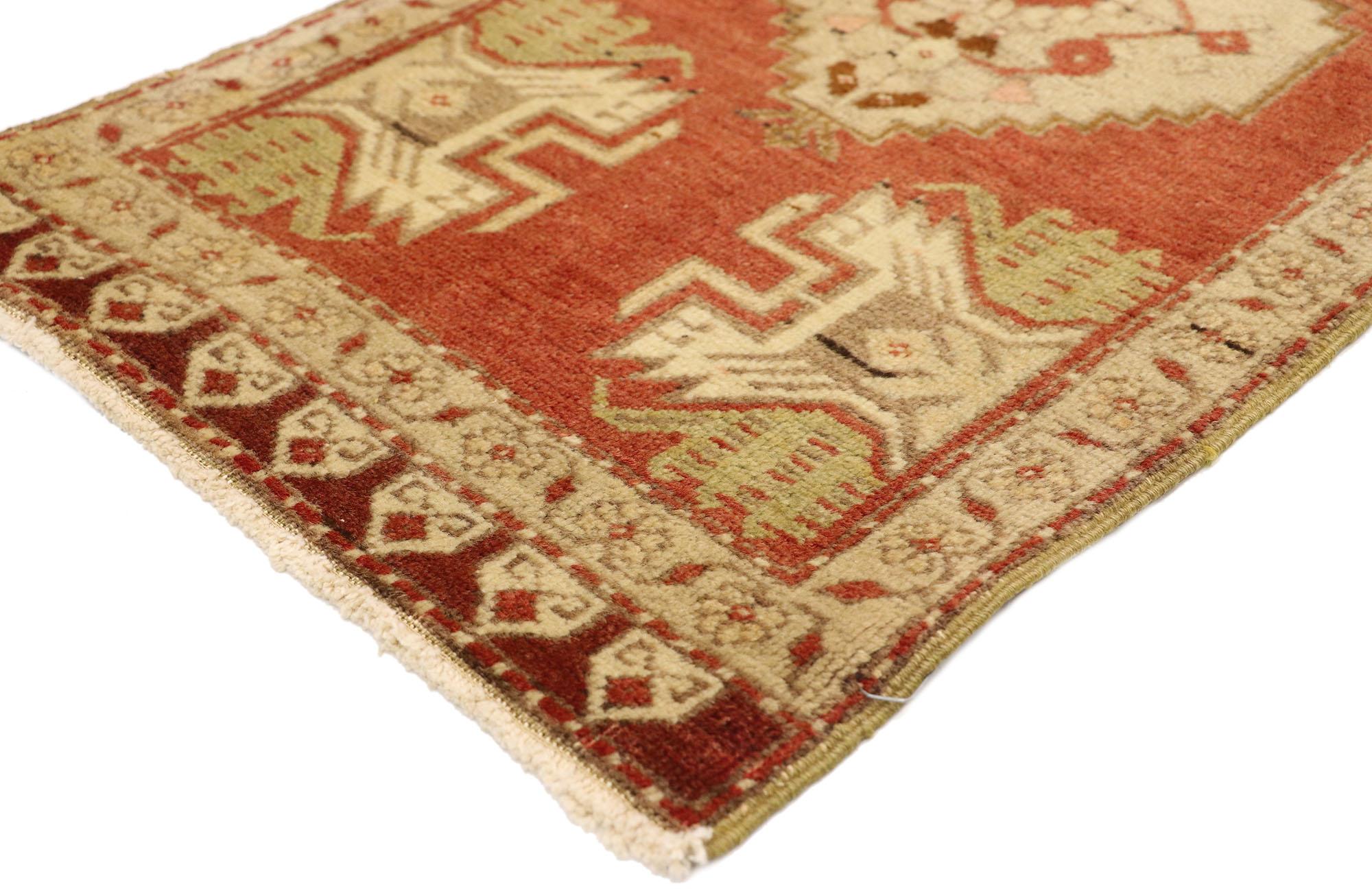 51514 Vintage Turkish Yastik Rug, 01'08 x 03'02. This hand-knotted wool vintage Turkish Yastik rug is a beautiful testament to the timeless artistry of Anatolian weaving. The composition features a striking central medallion, skillfully woven in a
