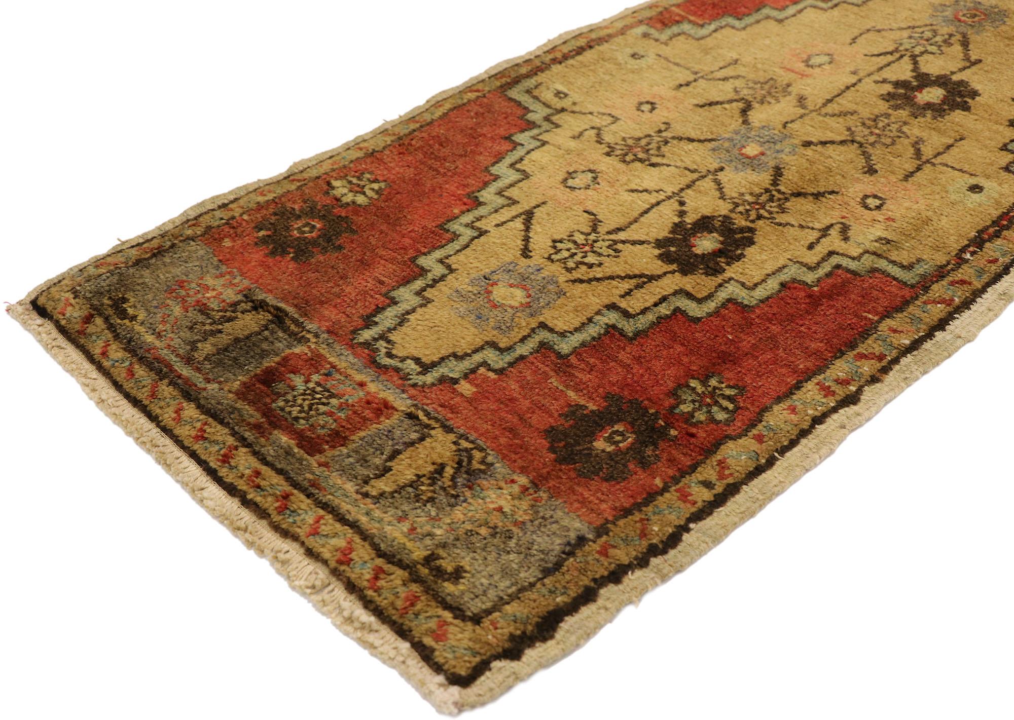 51504 Vintage Turkish Yastik Rug, 01'06 x 03'03. This hand-knotted wool vintage Turkish Yastik rug is a captivating piece that brings the rich heritage of Anatolian weaving into focus. Its unique design is anchored by a central medallion, outlined