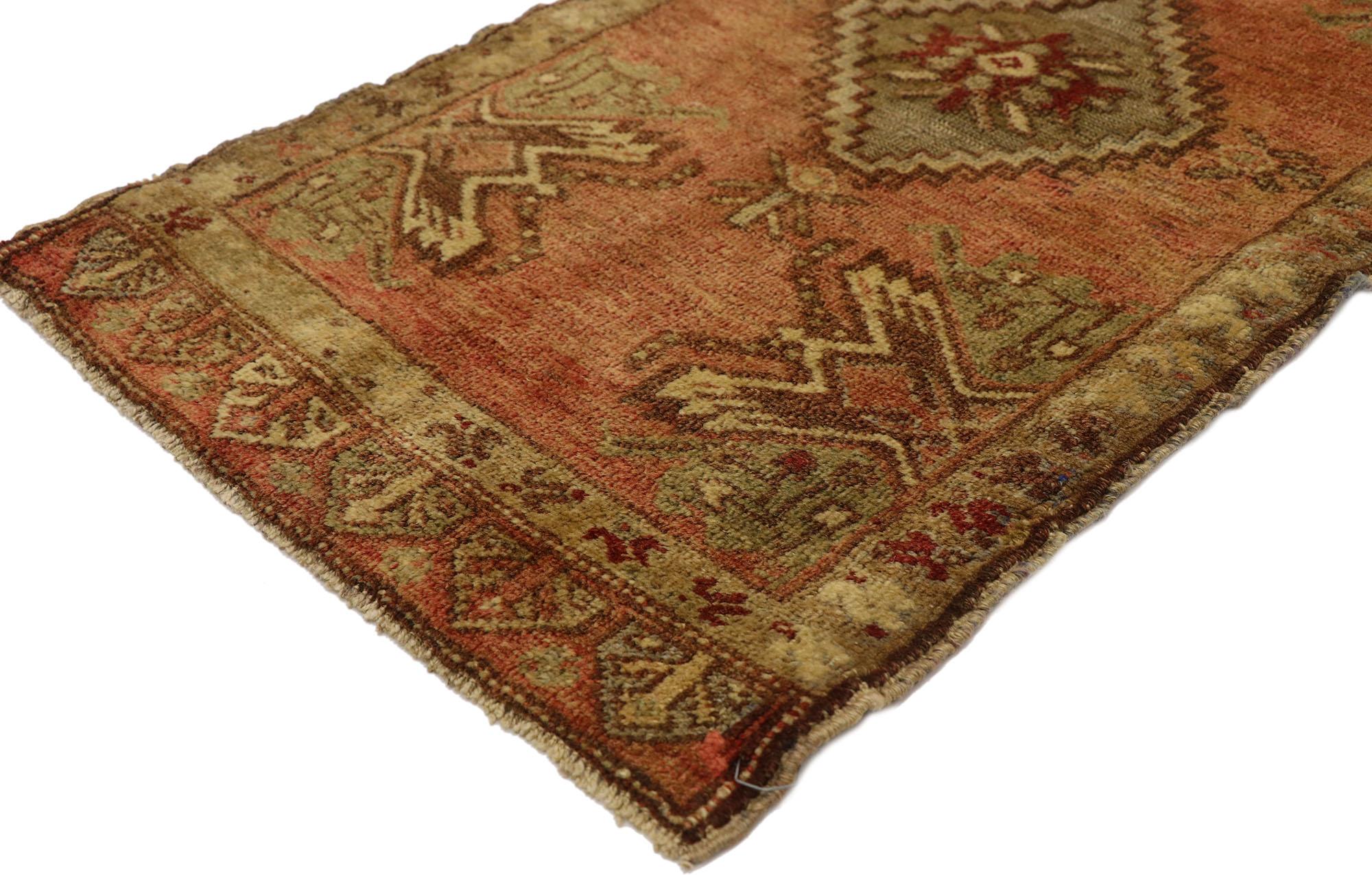51502 Vintage Turkish Yastik Rug, 01'09 x 03'04. This hand-knotted wool vintage Turkish Yastik rug is a timeless example of Anatolian artistry, capturing the essence of traditional Turkish design with its warm, inviting palette and intricate