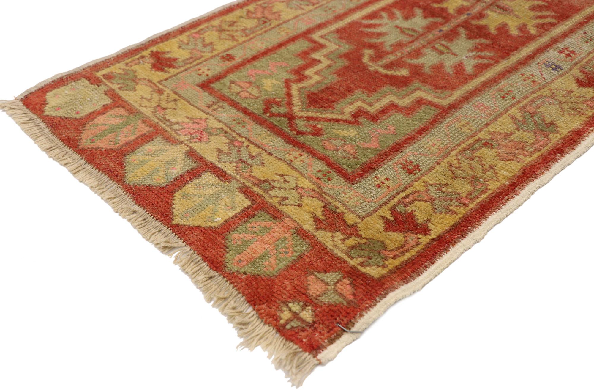 51493 Vintage Turkish Yastik Rug, 01'06 x 03'05. This hand-knotted wool vintage Turkish Yastik rug is a captivating example of Anatolian artistry, embodying the charm and vibrant energy characteristic of traditional Turkish weaving. The rug's