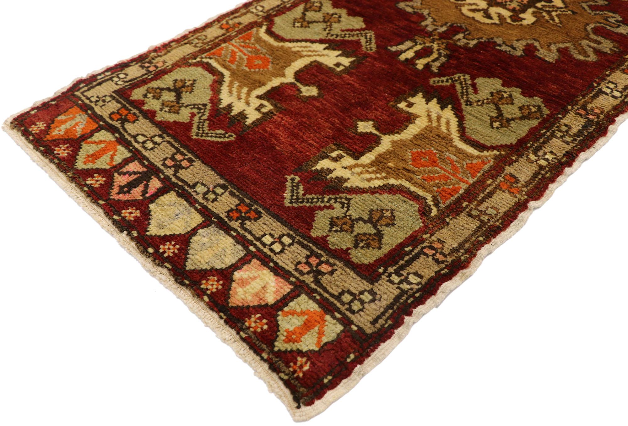 51494 Vintage Turkish Yastik Rug, 01'08 x 03'00. This hand-knotted wool vintage Turkish Yastik rug is a captivating piece that captures the essence of traditional Anatolian design with its rich color palette and intricate motifs. The rug's deep red