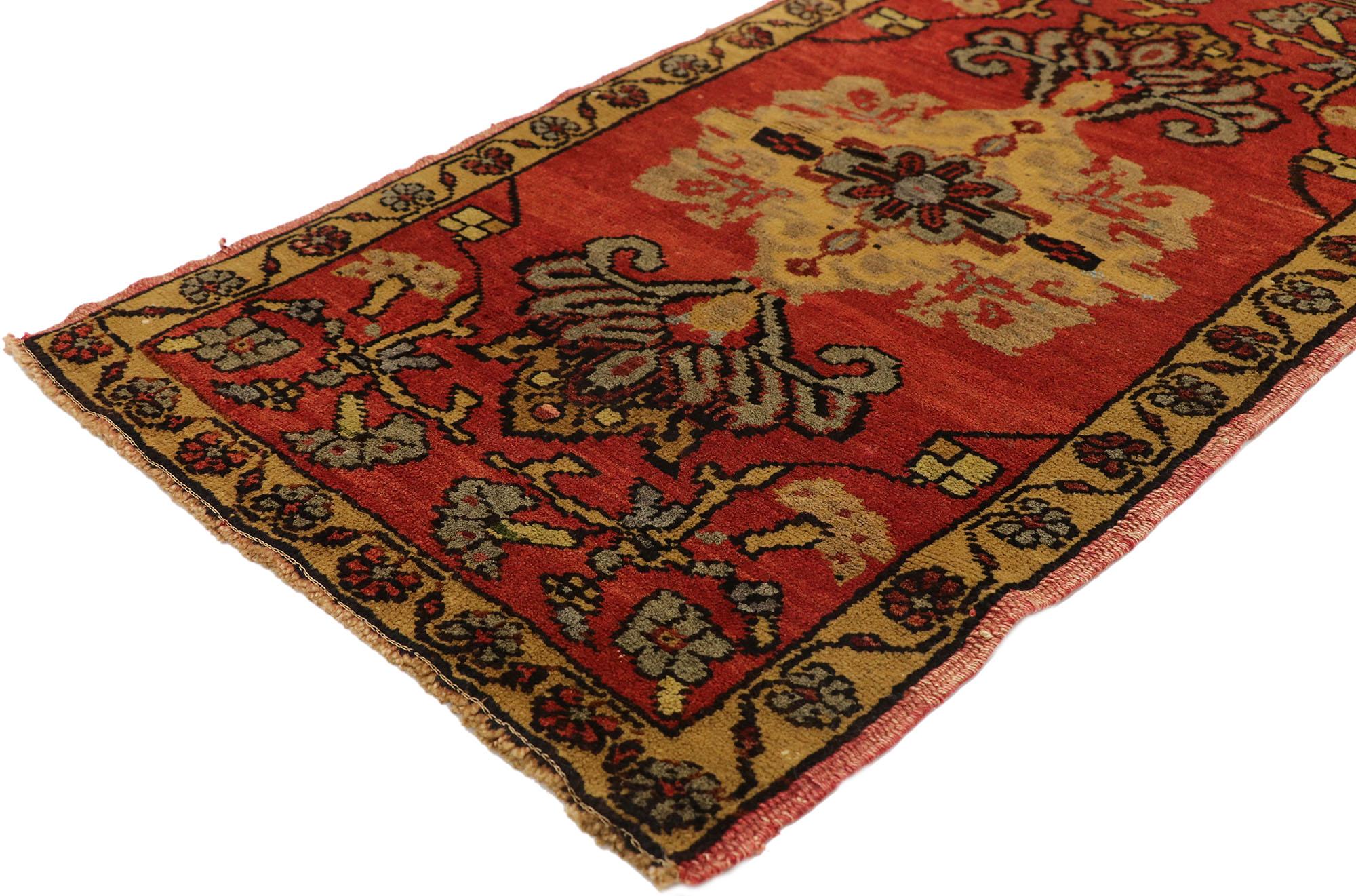 51483 Vintage Turkish Yastik Rug, 01'10 x 03'02. This exquisite hand-knotted wool vintage Turkish Yastik rug is a brilliant showcase of Anatolian artistry, reflecting the rich cultural heritage of the region through its vibrant colors and intricate