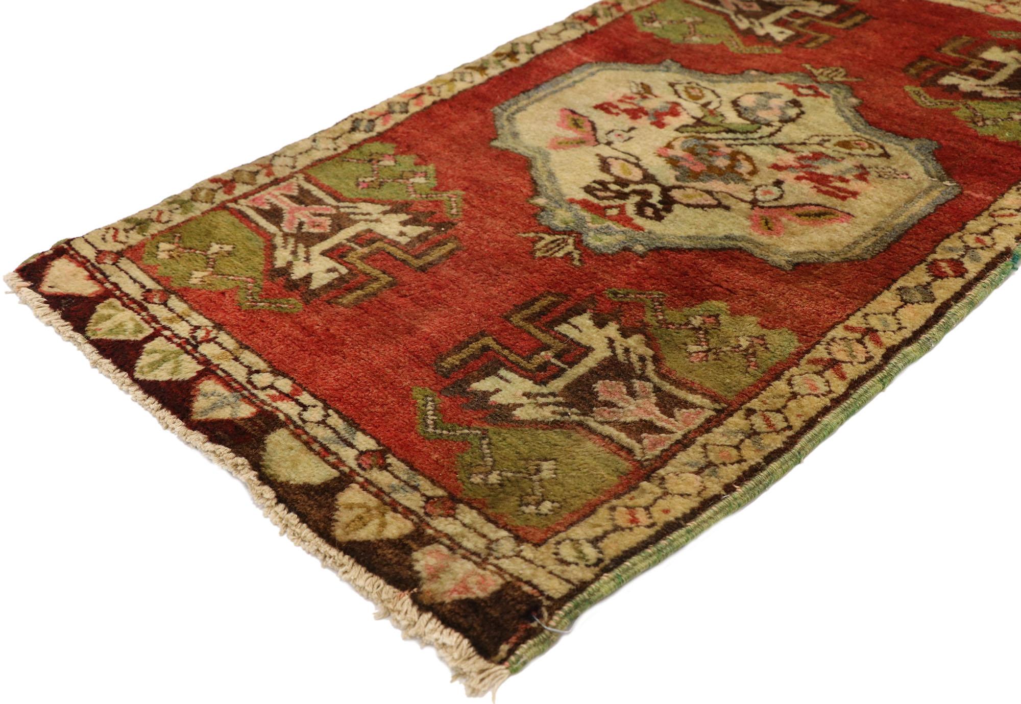 51485 Vintage Turkish Yastik Rug, 01'10 x 04'03. This charming hand-knotted wool vintage Turkish Yastik rug is a delightful expression of Anatolian craftsmanship, featuring a harmonious blend of traditional motifs and vibrant colors. The rug's focal