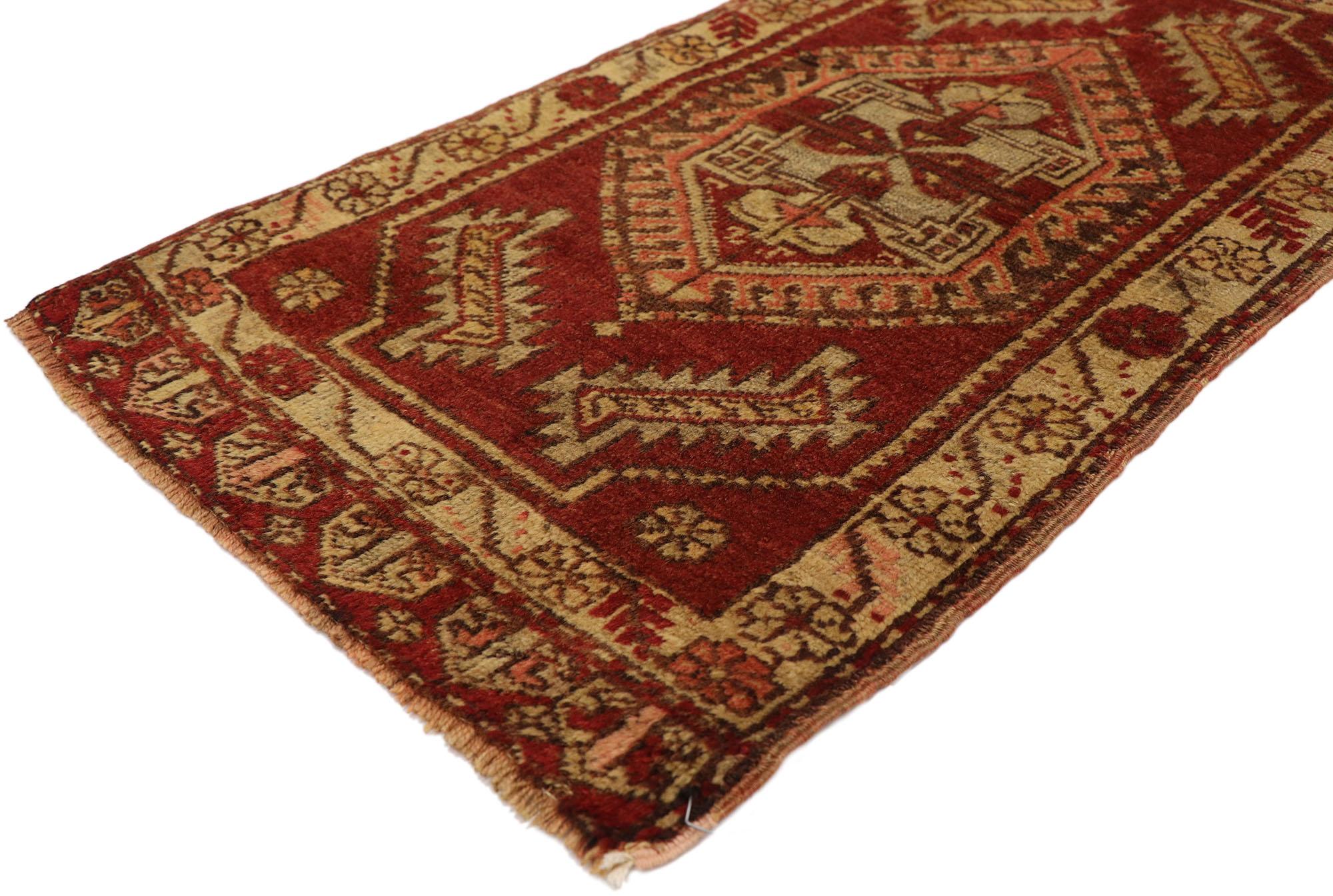51489 Vintage Turkish Yastik Rug, 01'06 x 02'10. This hand-knotted wool vintage Turkish Yastik rug is a beautiful example of traditional Anatolian artistry, where rich colors and intricate patterns come together to create a visually captivating