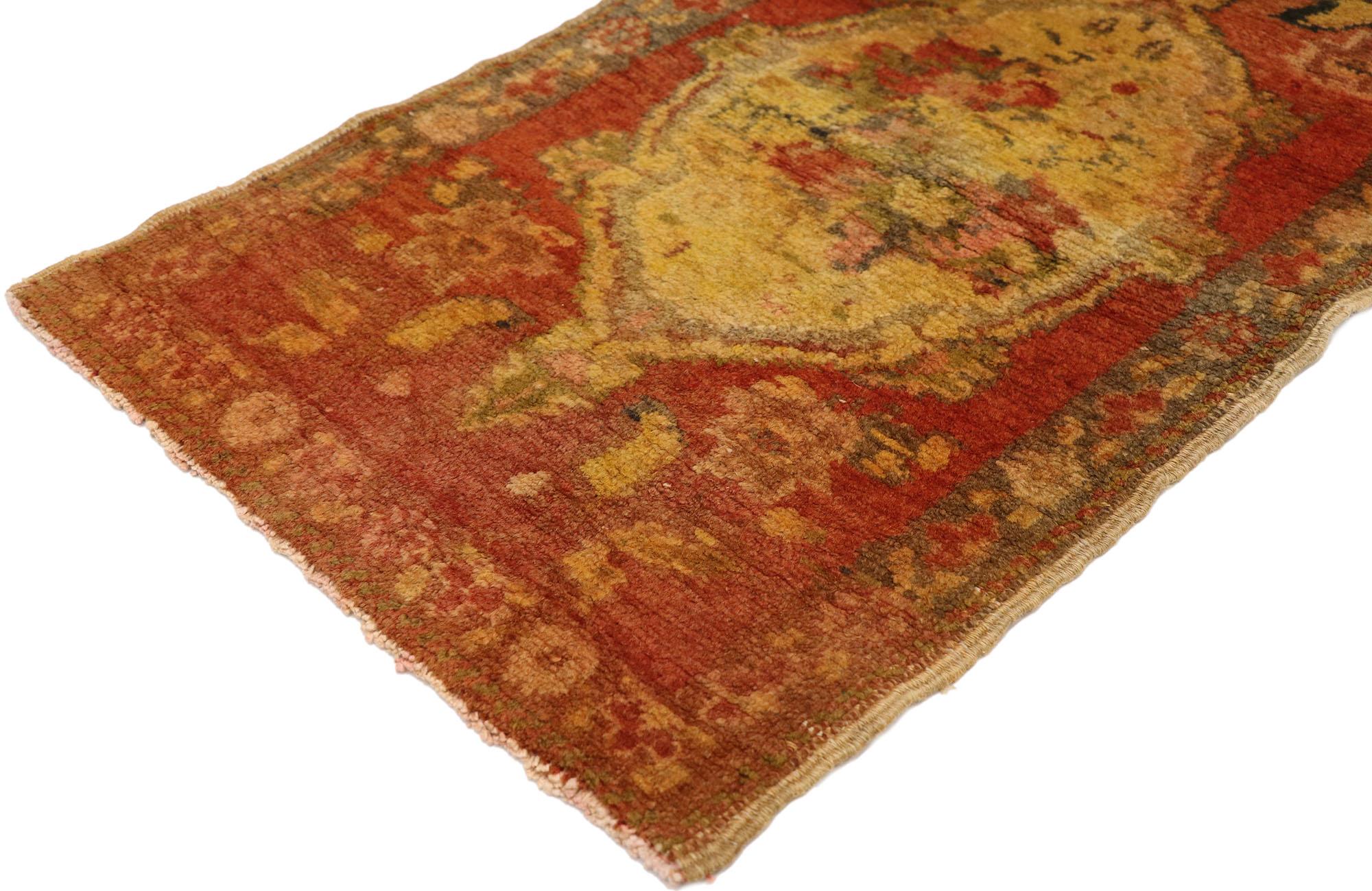 51186 Vintage Turkish Yastik Rug, 01'08 x 02'08. This exquisite hand-knotted wool vintage Turkish Yastik rug captures the essence of romantic Rococo artistry with a distinctly feminine sensibility. The open red field sets a passionate stage, where