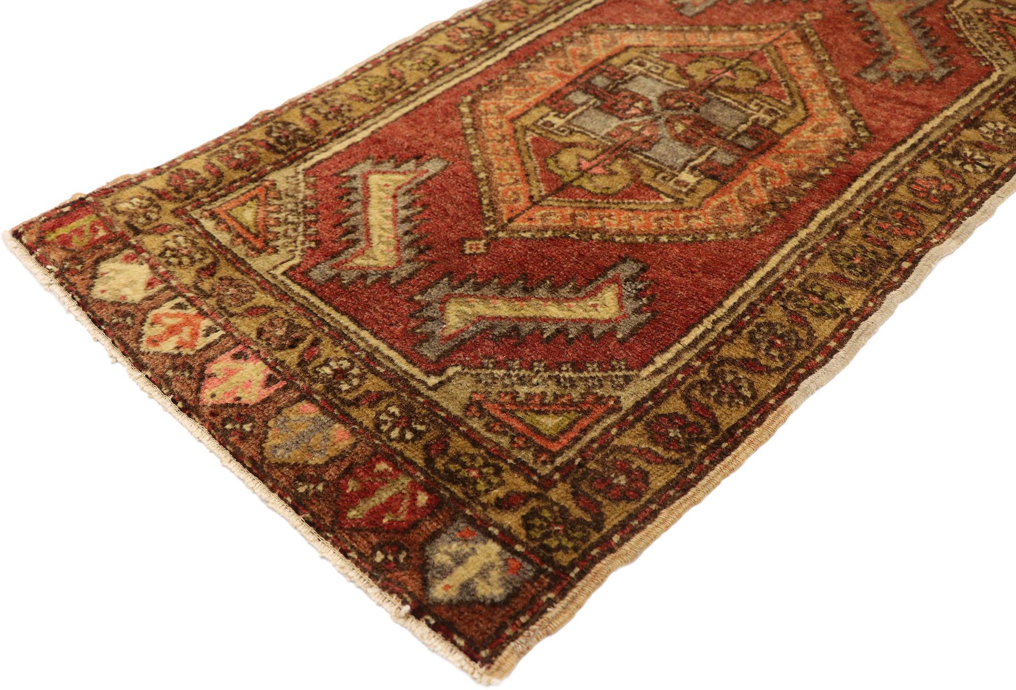 51410 Vintage Turkish Yastik Rug, 01'06 x 02'09. This hand-knotted wool vintage Turkish Yastik rug is a stunning embodiment of Anatolian artistry, where every knot tells a story steeped in tradition and culture. The rug's central focus is an