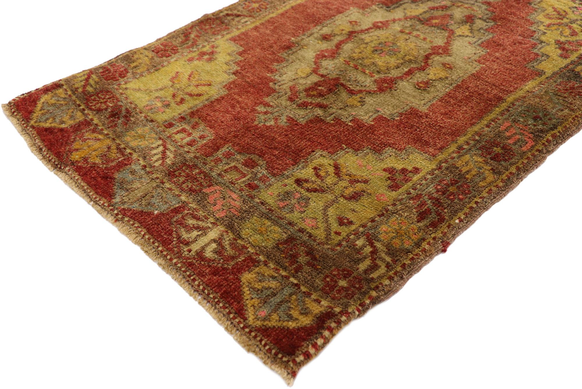 51412 Vintage Turkish Yastik Rug, 01'10 x 03'00. This hand-knotted wool vintage Turkish Yastik rug is a captivating blend of traditional design and rustic charm. Its central field is a rich, warm red, serving as the perfect backdrop for a