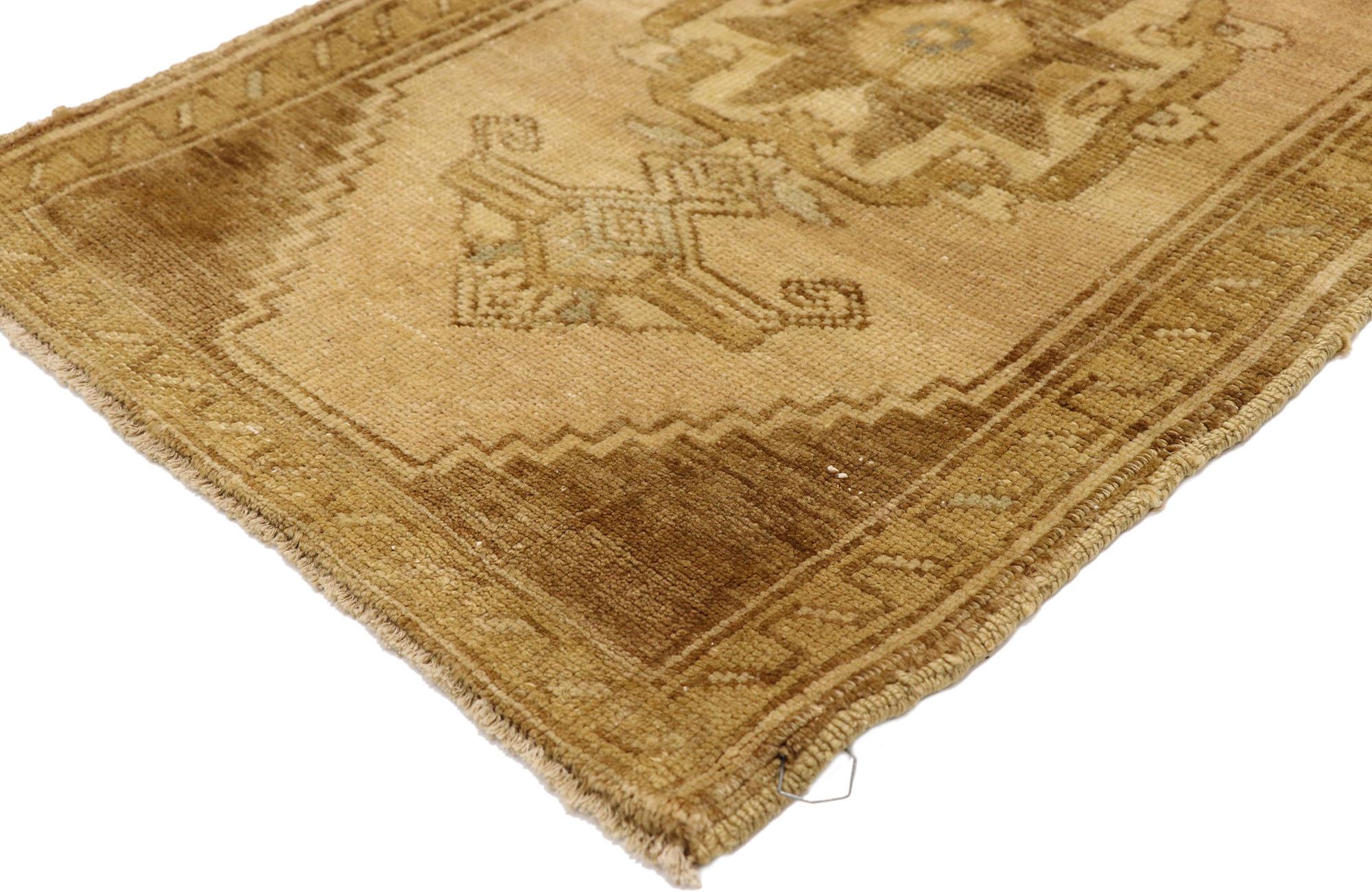 51436 Vintage Turkish Yastik Rug, 01'11 x 02'11. This hand-knotted wool vintage Turkish Yastik rug embodies a delicate balance between timeless beauty and relaxed refinement. At the heart of the rug lies a central medallion, masterfully woven with