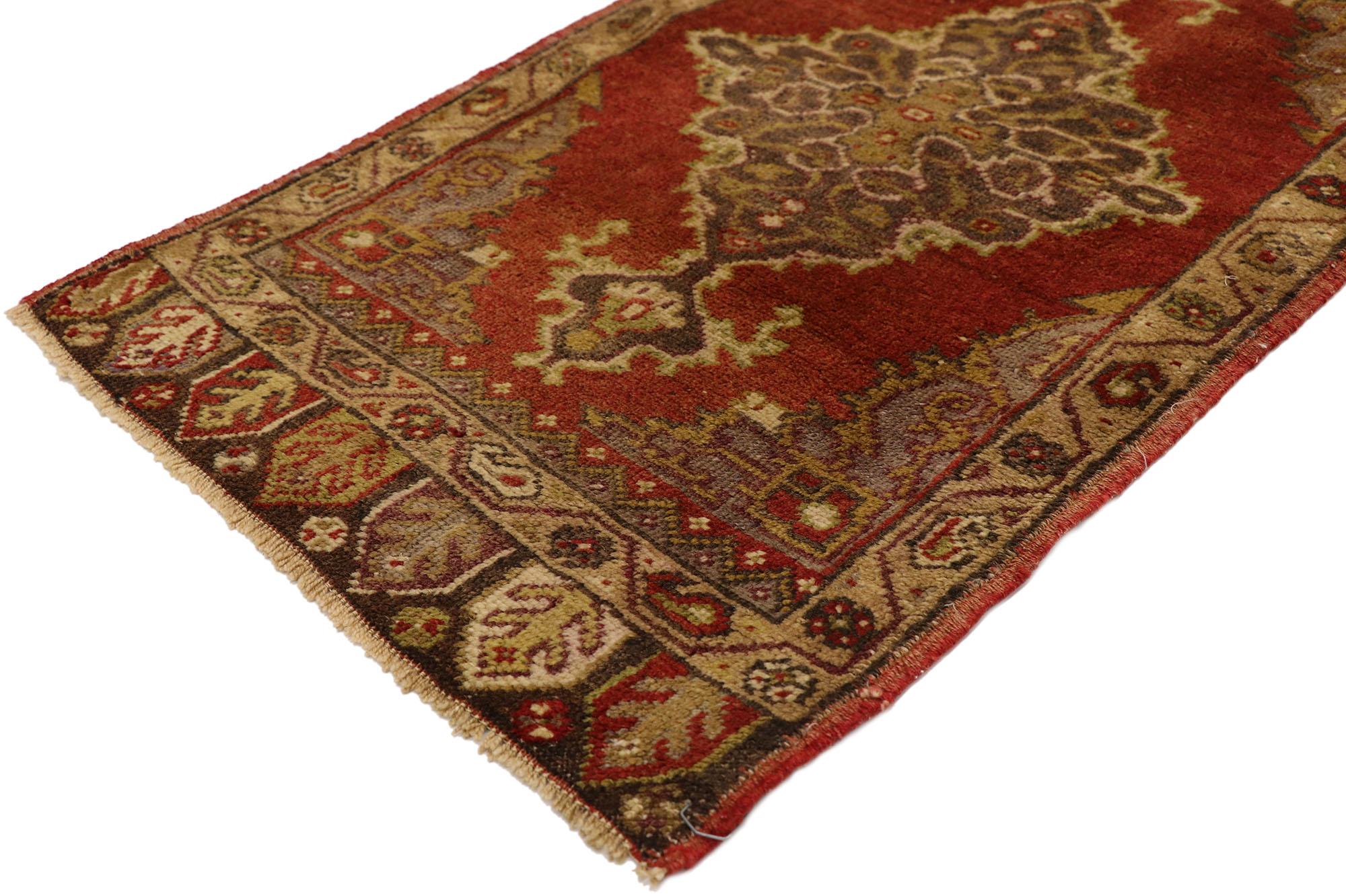 51479 Vintage Turkish Yastik Rug, 01'09 x 03'01. This hand-knotted wool vintage Turkish Yastik rug is a beautiful testament to the artistry and cultural heritage of Anatolia. The mesmerizing composition features a deep, vibrant red field, which