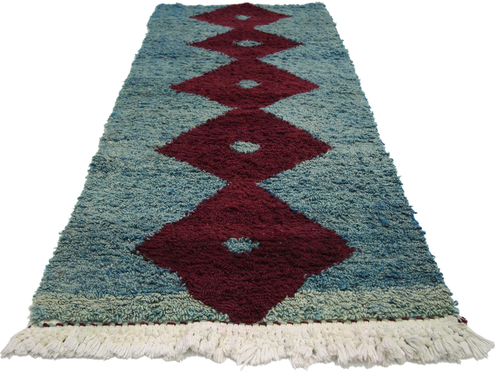 52286, vintage Turkish Ceki Tulu Accent rug - Tribal Shag wall hanging. This vintage Turkish Tulu Accent rug features five stacked diamond lozenge motifs rendered in deep burgundy maroon in a turquoise and aquamarine sea of abrash. This Tulu rug can