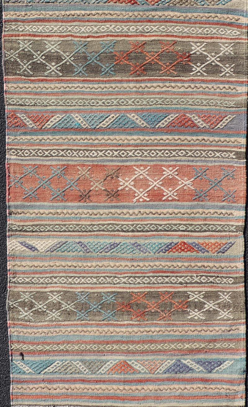 Hand-Woven Vintage Turkish Colorful Kilim Runner with Stripe Design in Tan and Orange's For Sale