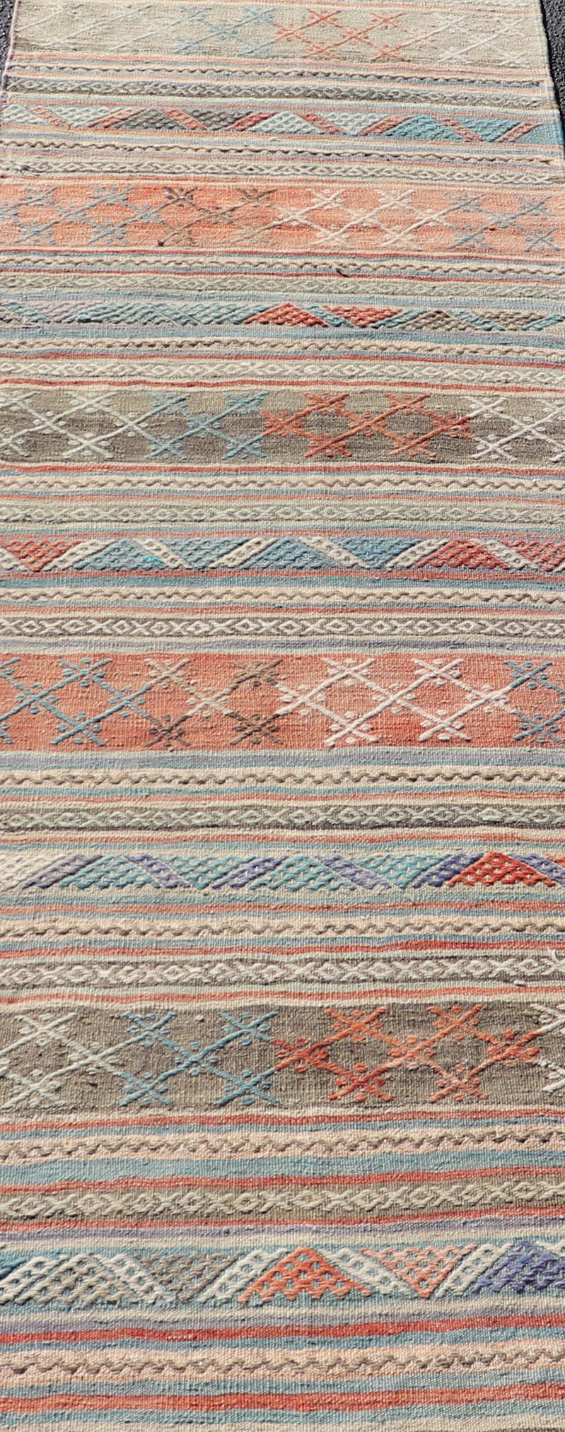 Vintage Turkish Colorful Kilim Runner with Stripe Design in Tan and Orange's In Good Condition For Sale In Atlanta, GA