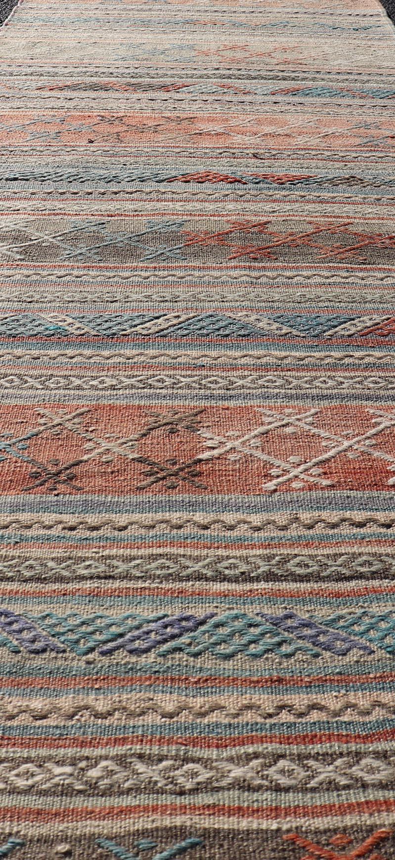 20th Century Vintage Turkish Colorful Kilim Runner with Stripe Design in Tan and Orange's For Sale