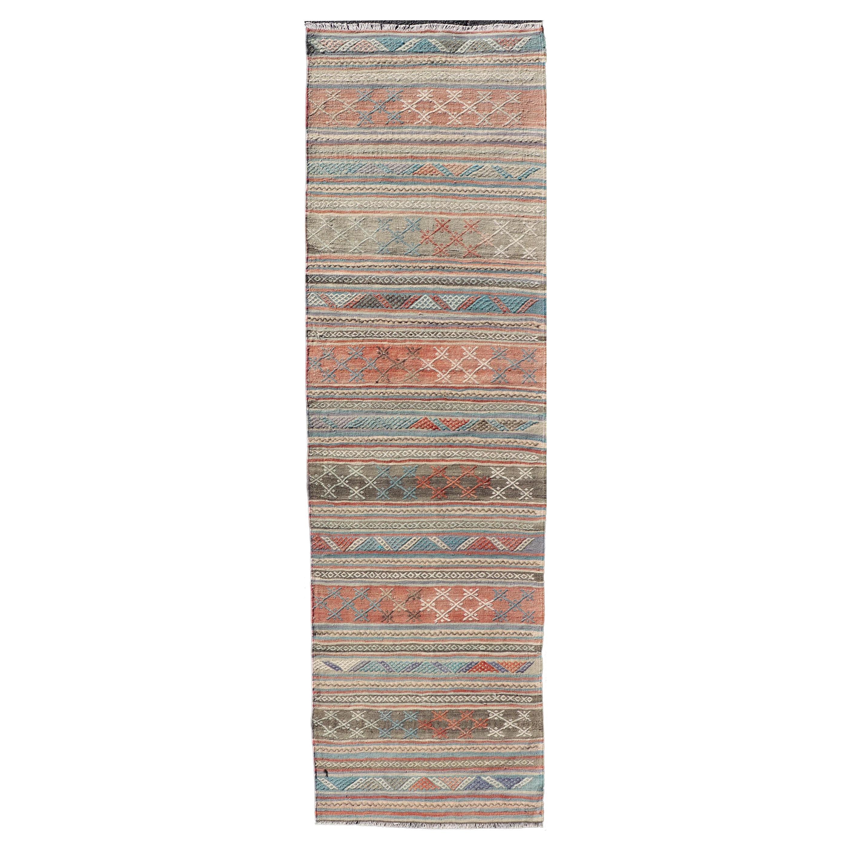 Vintage Turkish Colorful Kilim Runner with Stripe Design in Tan and Orange's For Sale