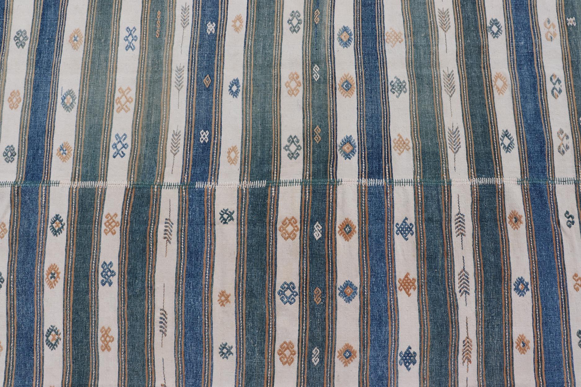 Vintage Türkische Baumwolle Kilim Teppich mit Teal, Blau & Creme Streifen 4'6 