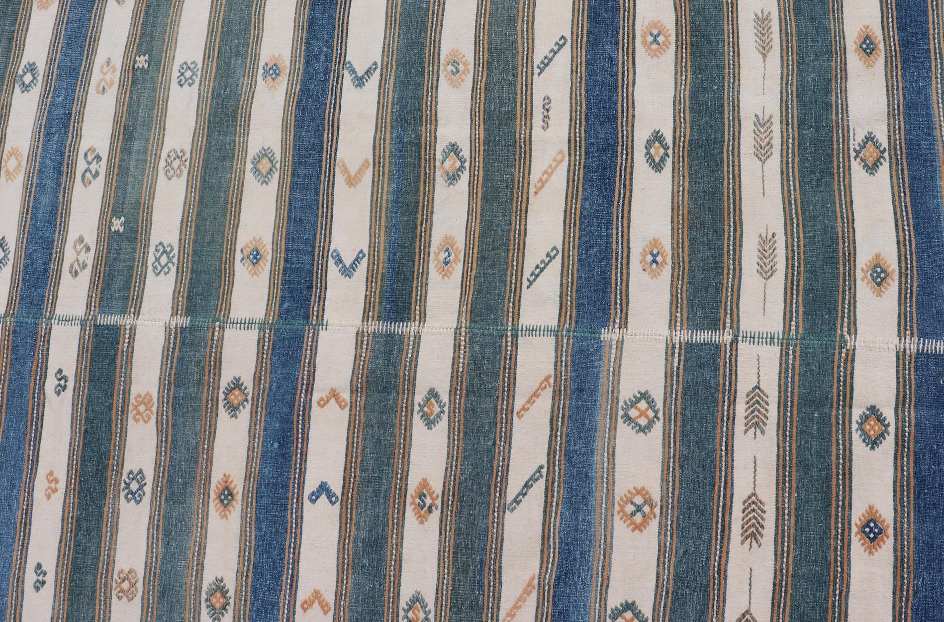 Vintage Türkische Baumwolle Kilim Teppich mit Teal, Blau & Creme Streifen 4'6 