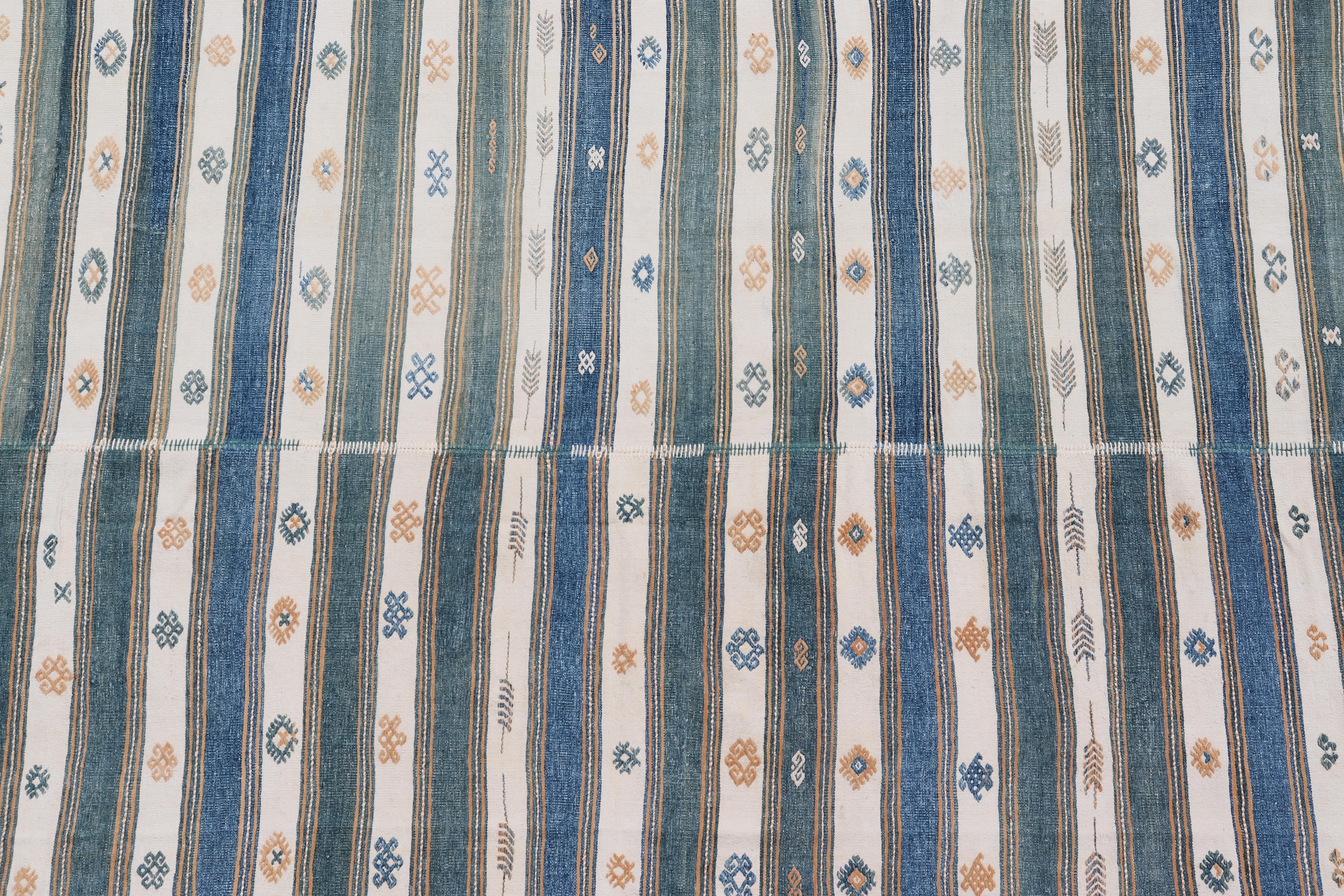 Vintage Türkische Baumwolle Kilim Teppich mit Teal, Blau & Creme Streifen 4'6 