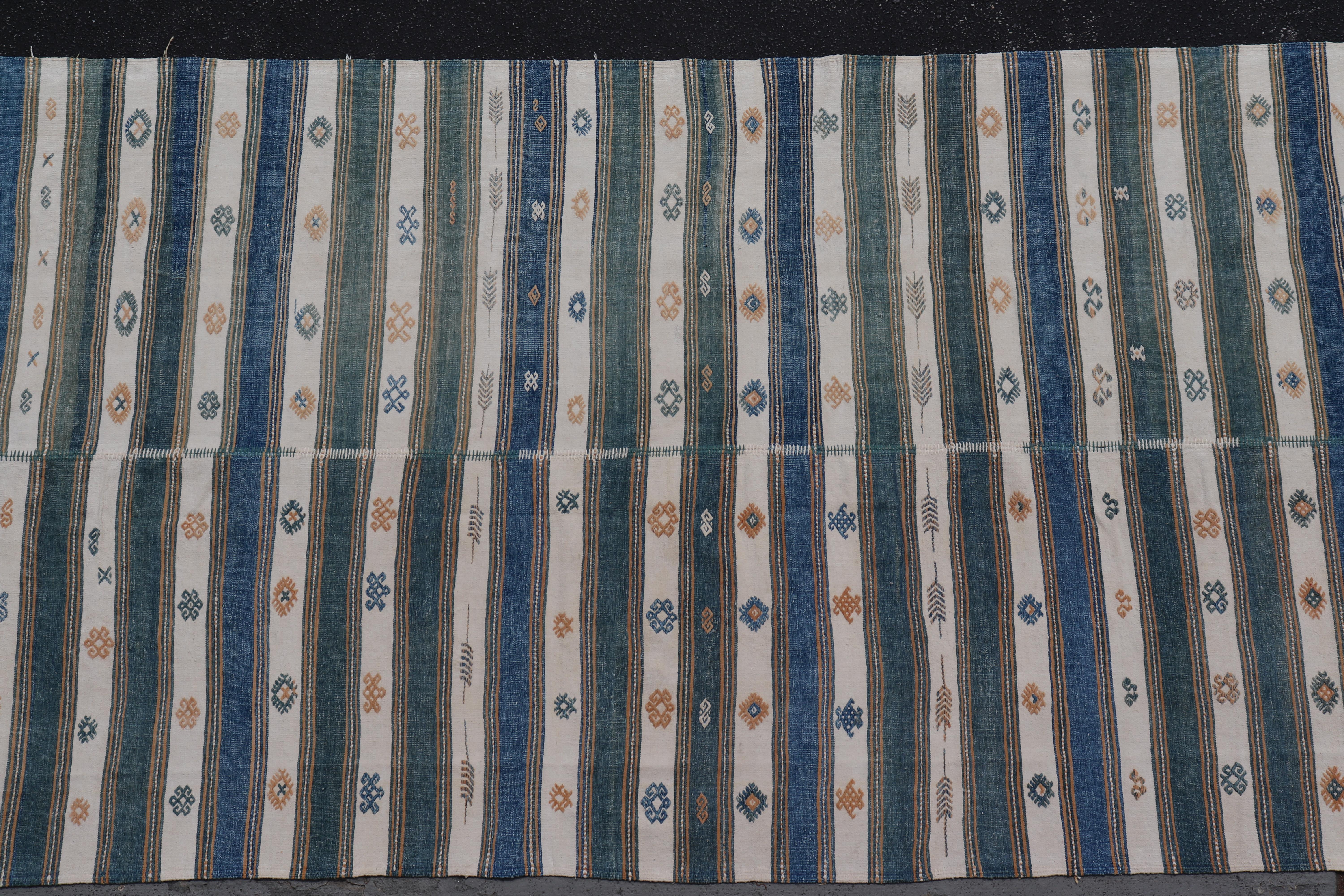 Vintage Türkische Baumwolle Kilim Teppich mit Teal, Blau & Creme Streifen 4'6 