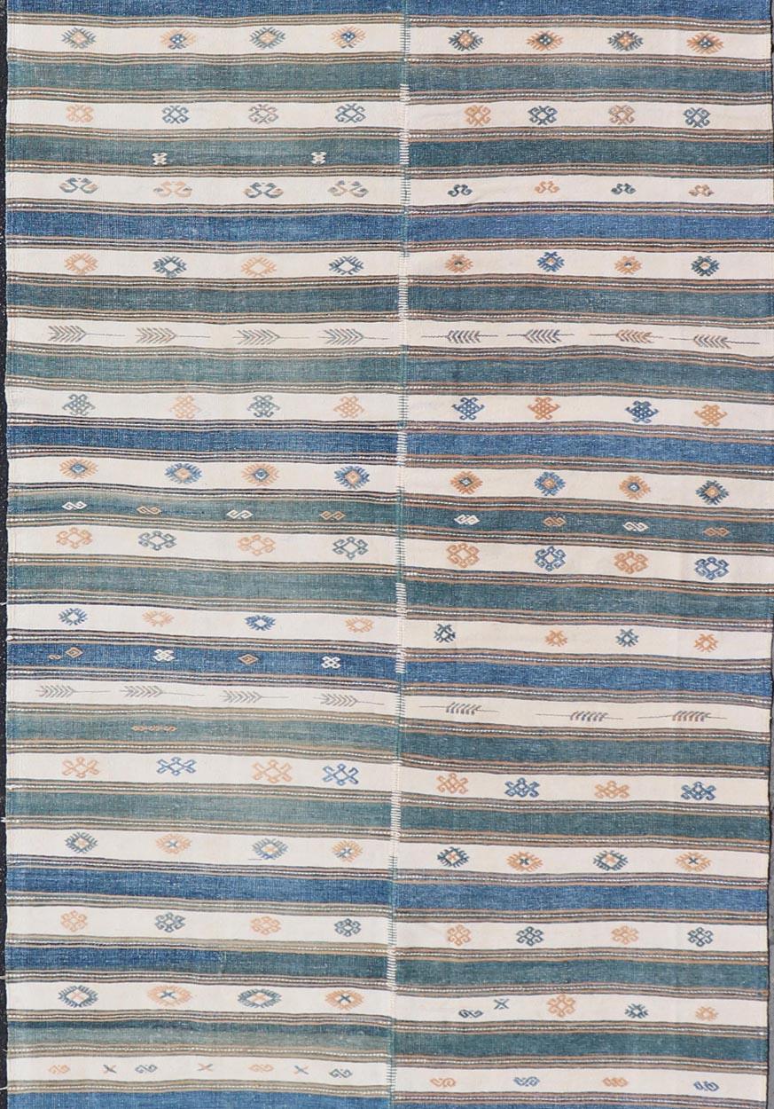 Vintage Türkische Baumwolle Kilim Teppich mit Teal, Blau & Creme Streifen 4'6 