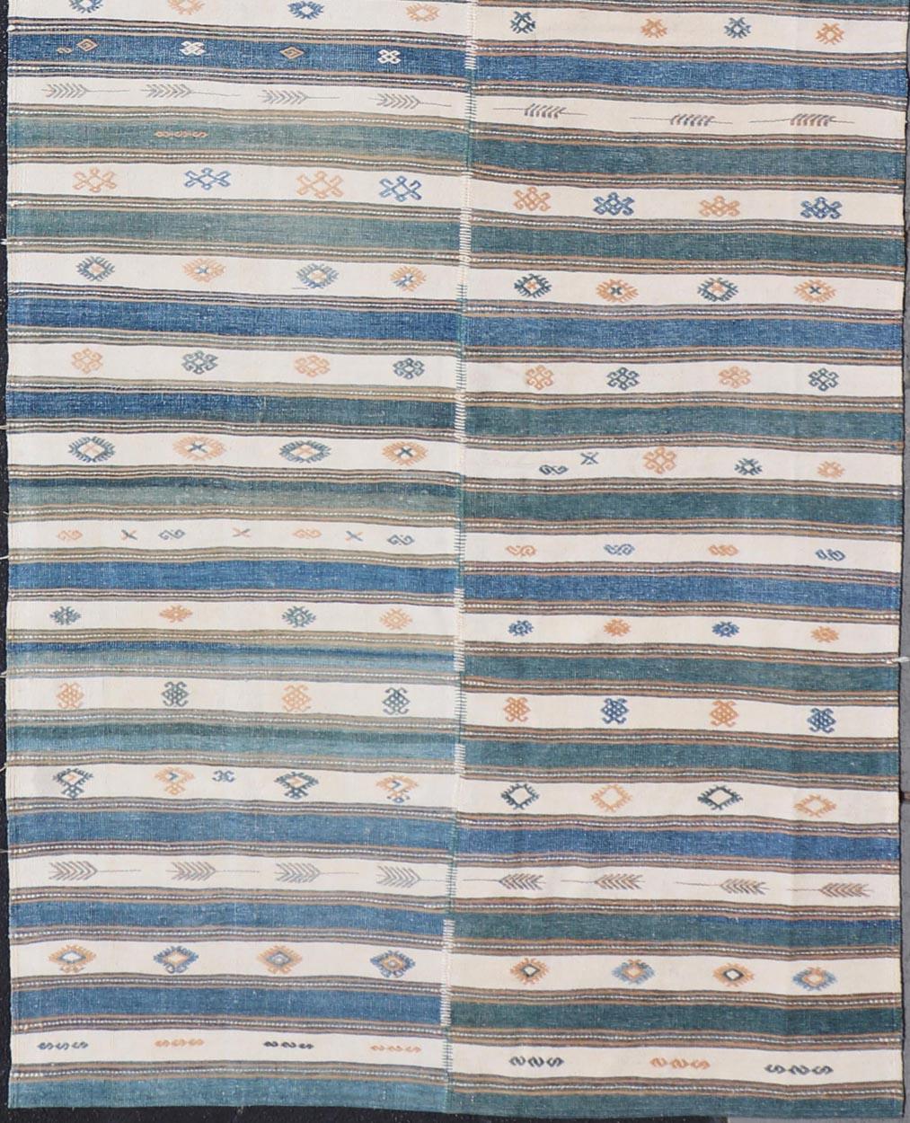 Vintage Türkische Baumwolle Kilim Teppich mit Teal, Blau & Creme Streifen 4'6 