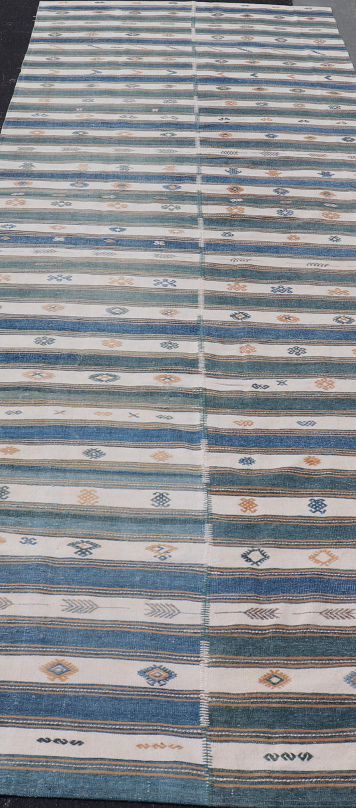 Vintage Türkische Baumwolle Kilim Teppich mit Teal, Blau & Creme Streifen 4'6 