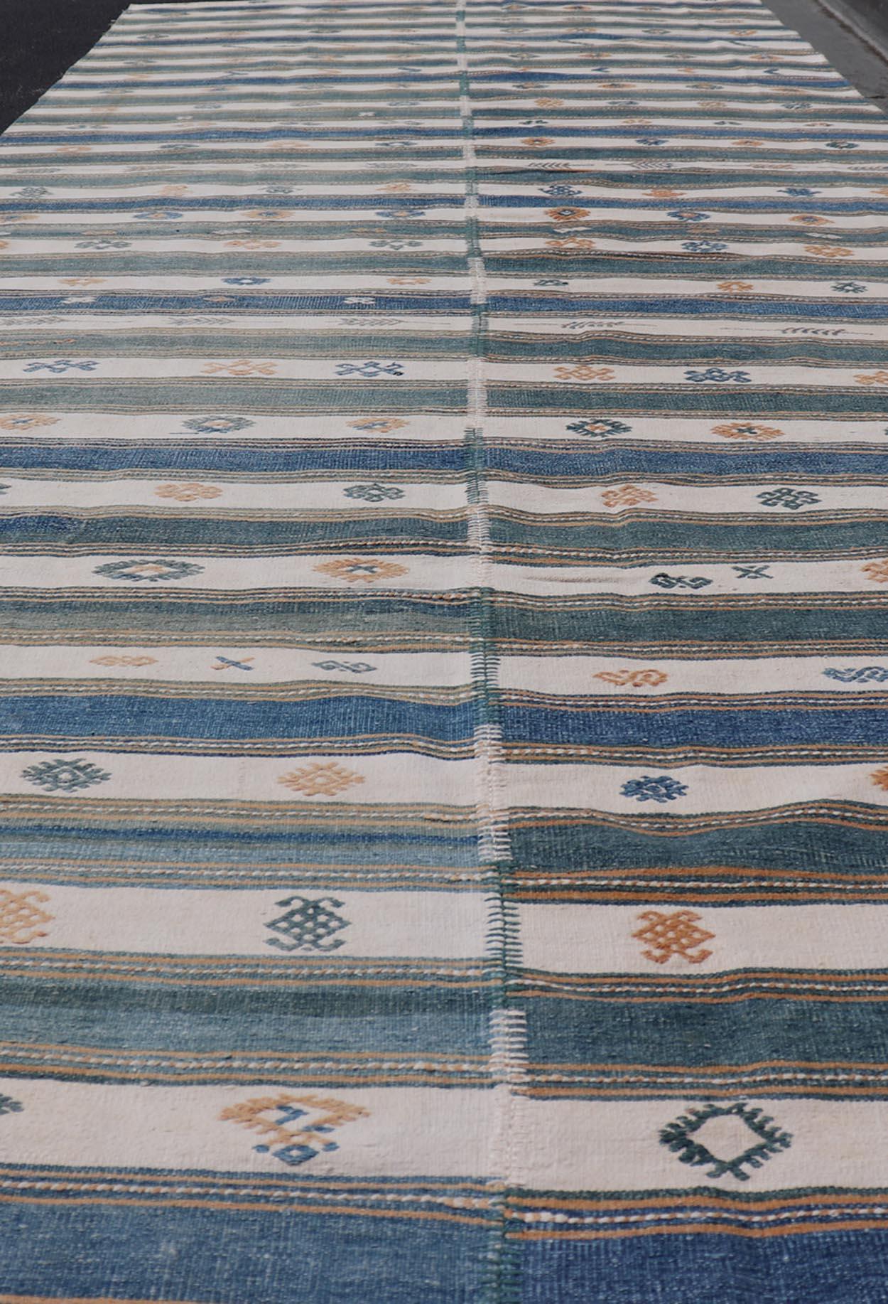 Vintage Türkische Baumwolle Kilim Teppich mit Teal, Blau & Creme Streifen 4'6 