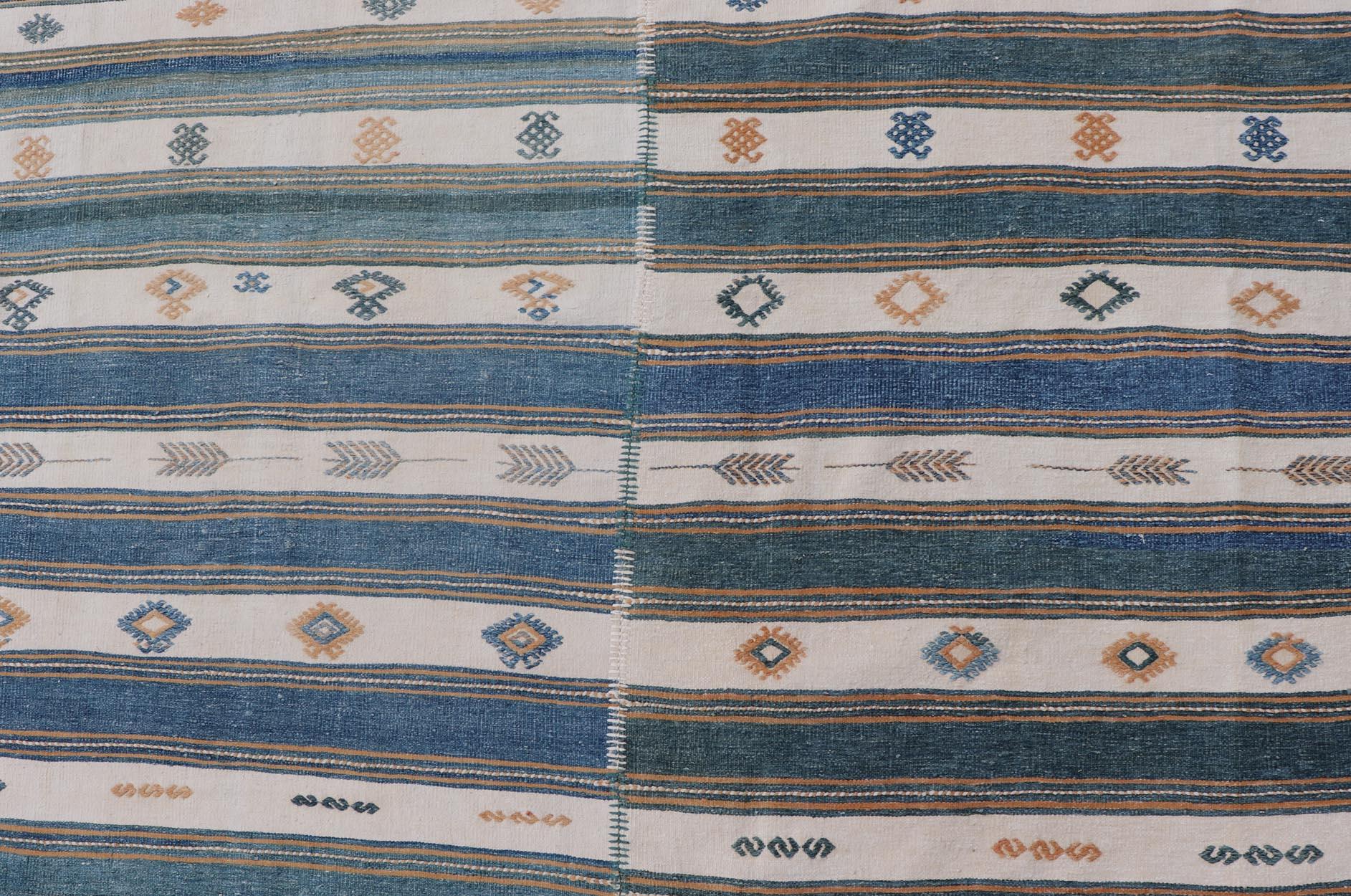 Vintage Türkische Baumwolle Kilim Teppich mit Teal, Blau & Creme Streifen 4'6 
