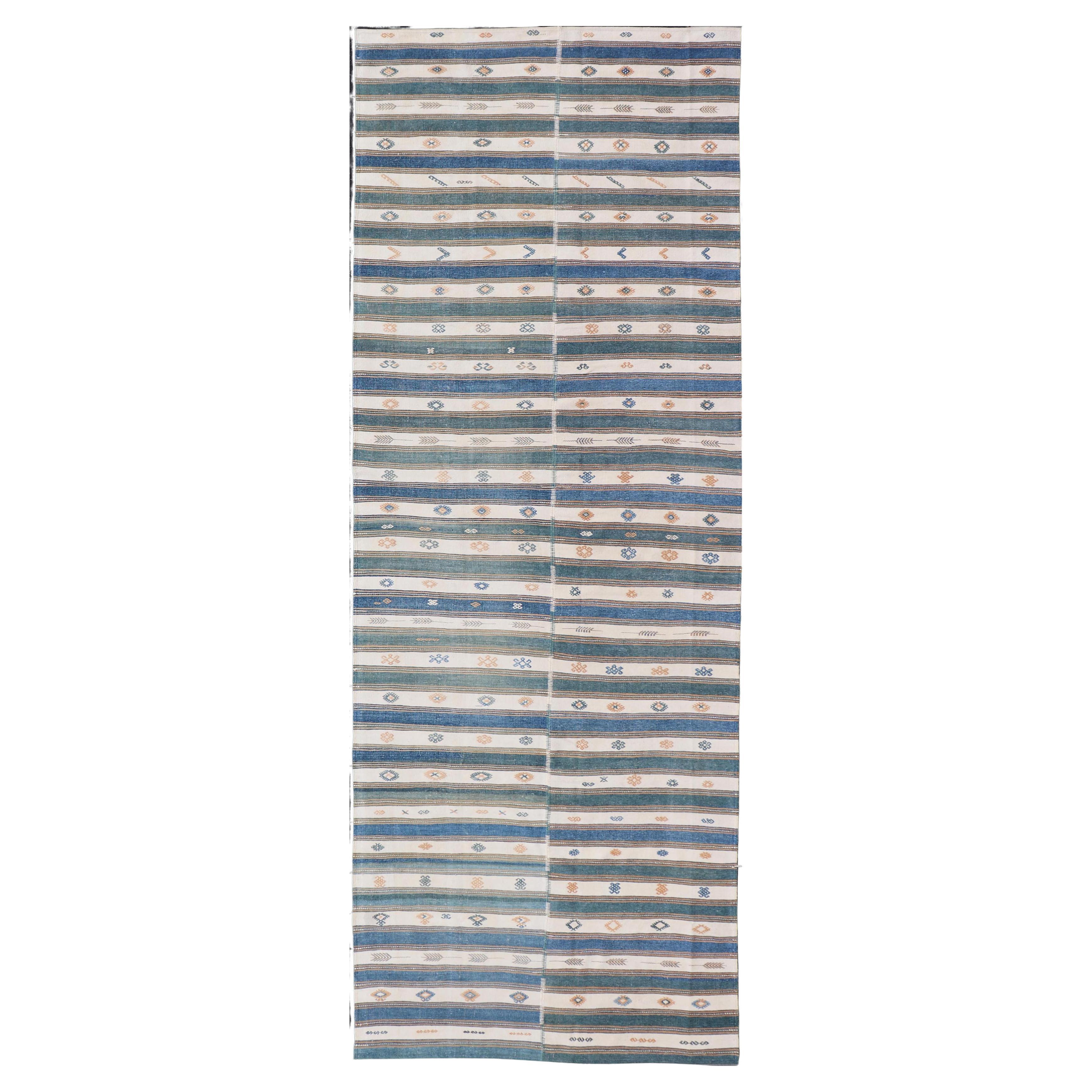 Vintage Türkische Baumwolle Kilim Teppich mit Teal, Blau & Creme Streifen 4'6 "X16'4" im Angebot