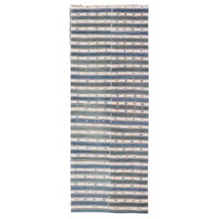 Vintage Turkish Cotton Kilim Rug With Teal, Blue & Cream Stripes 4'6"X16'4"