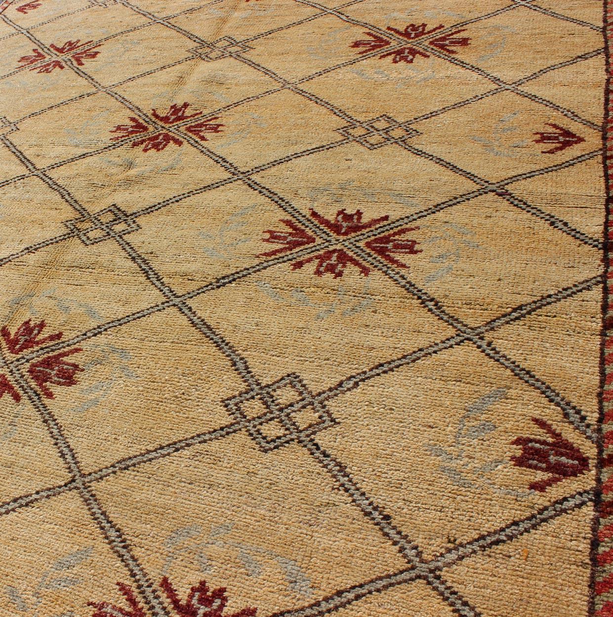 Hand-Knotted Vintage Turkish Cross-Hatch Design Oushak Rug by Keivan Woven Arts 4'2 x 9'7 For Sale