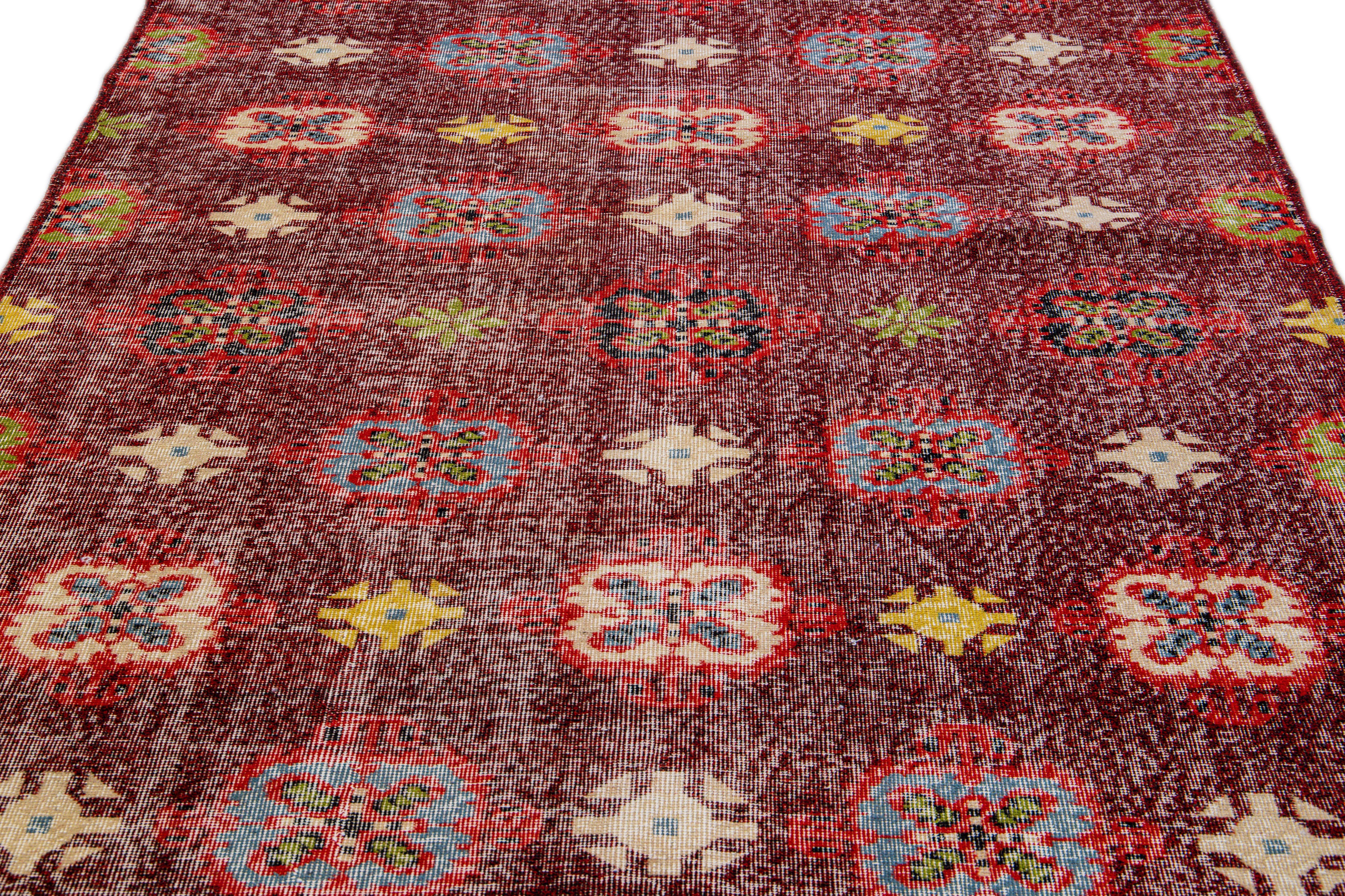 Mid-Century Modern Vintage Turkish Deco Handmade Floral Pattern Burgundy Wool Rug For Sale