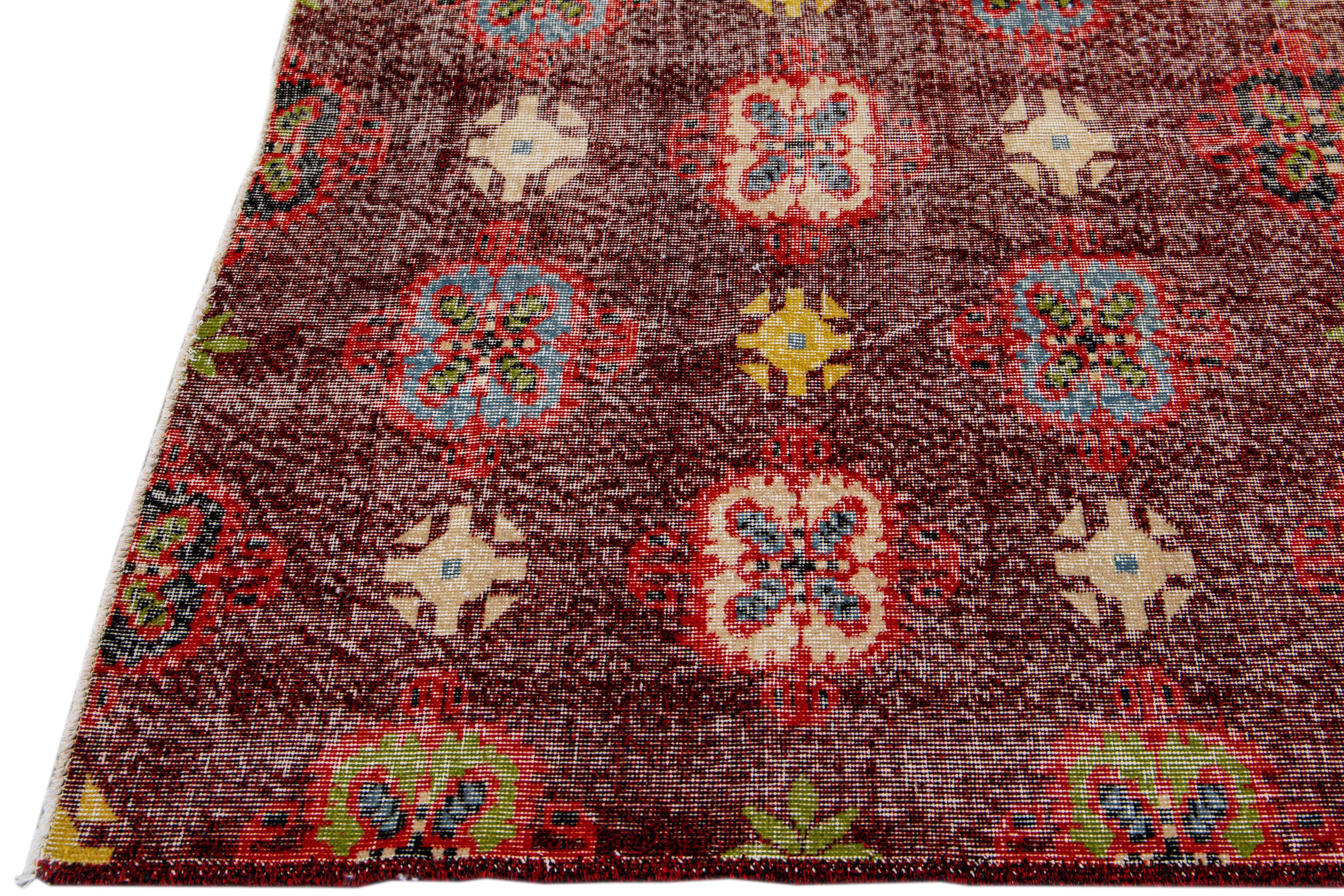 Asian Vintage Turkish Deco Handmade Floral Pattern Burgundy Wool Rug For Sale