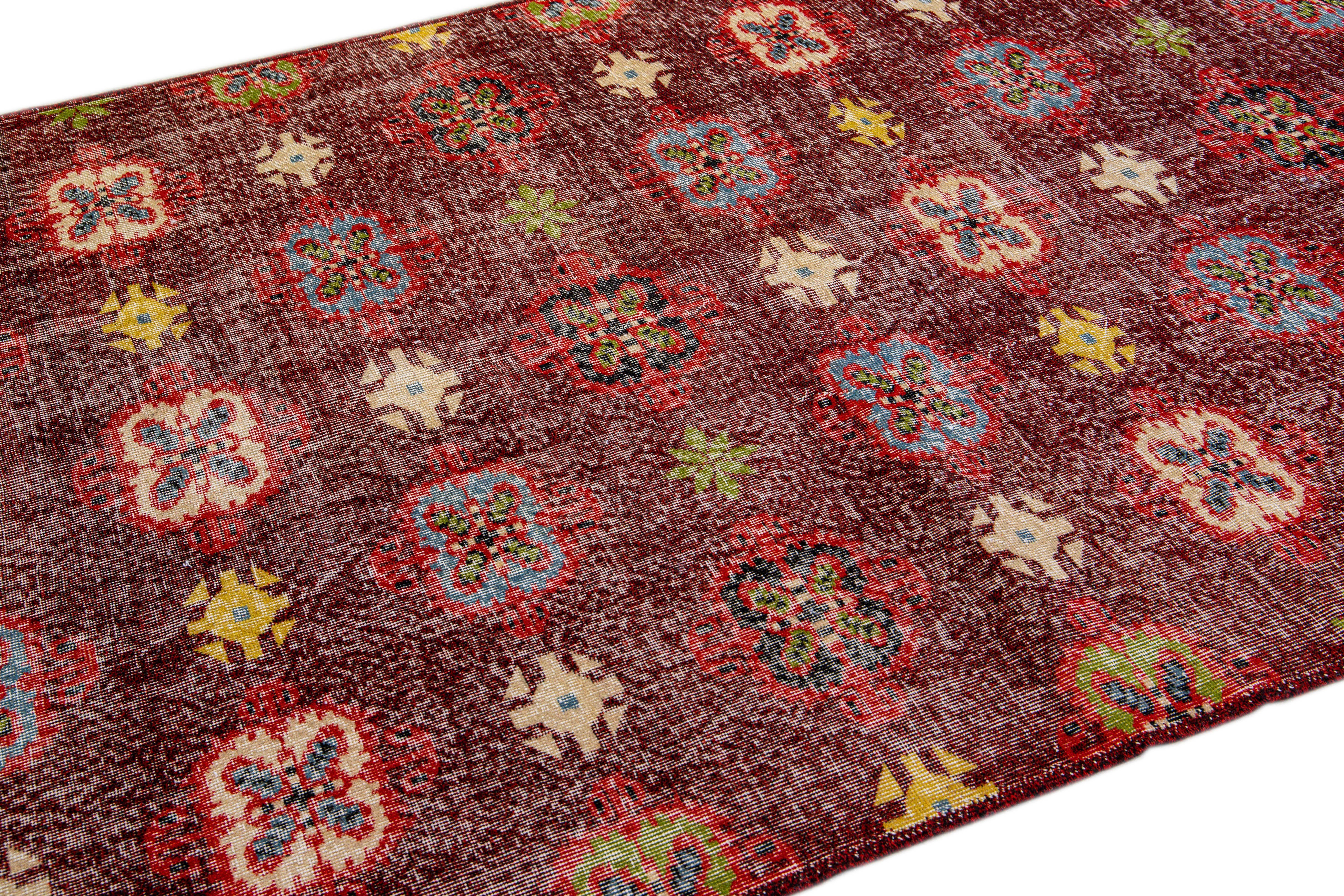 Hand-Knotted Vintage Turkish Deco Handmade Floral Pattern Burgundy Wool Rug For Sale