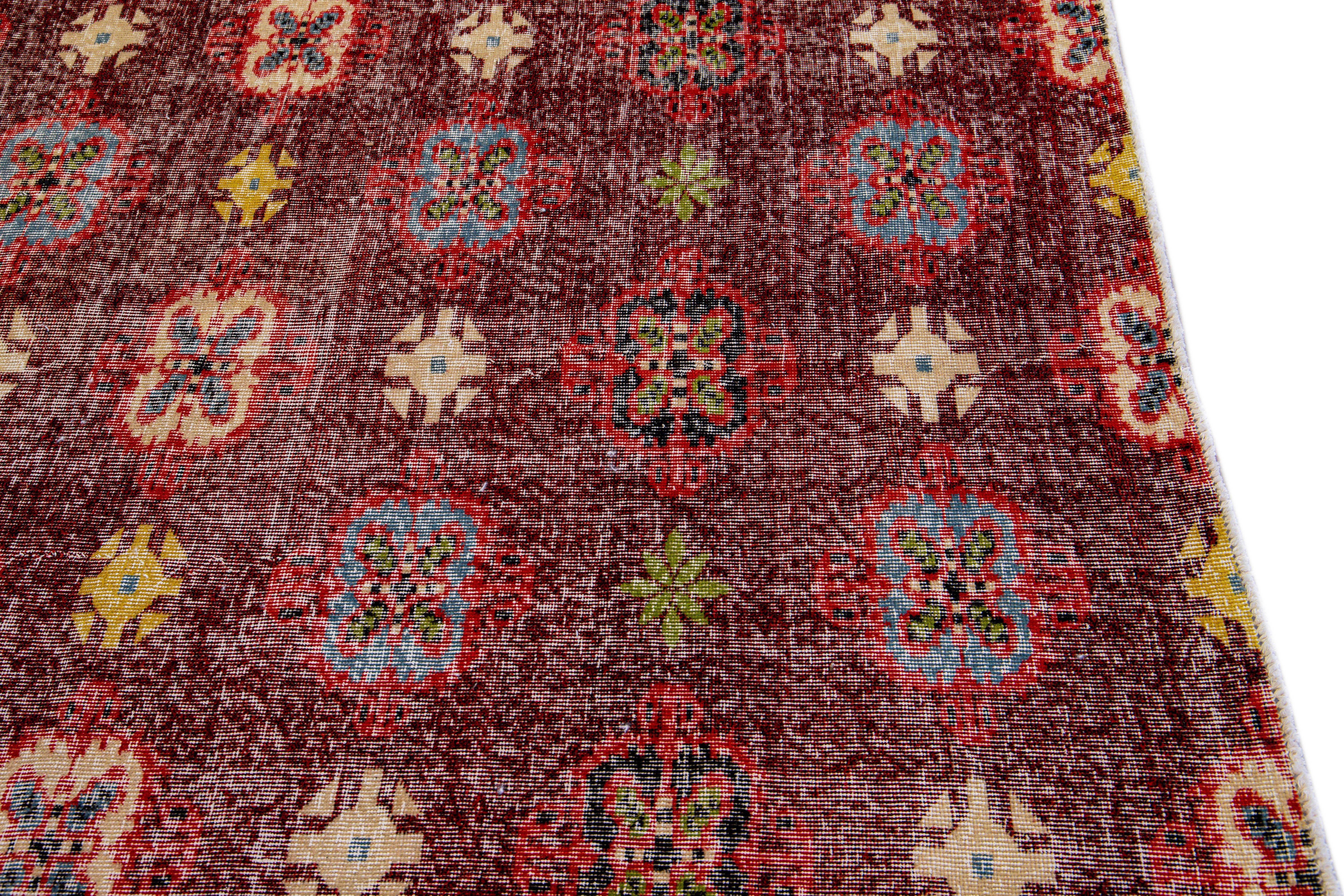 Vintage Turkish Deco Handmade Floral Pattern Burgundy Wool Rug For Sale 1