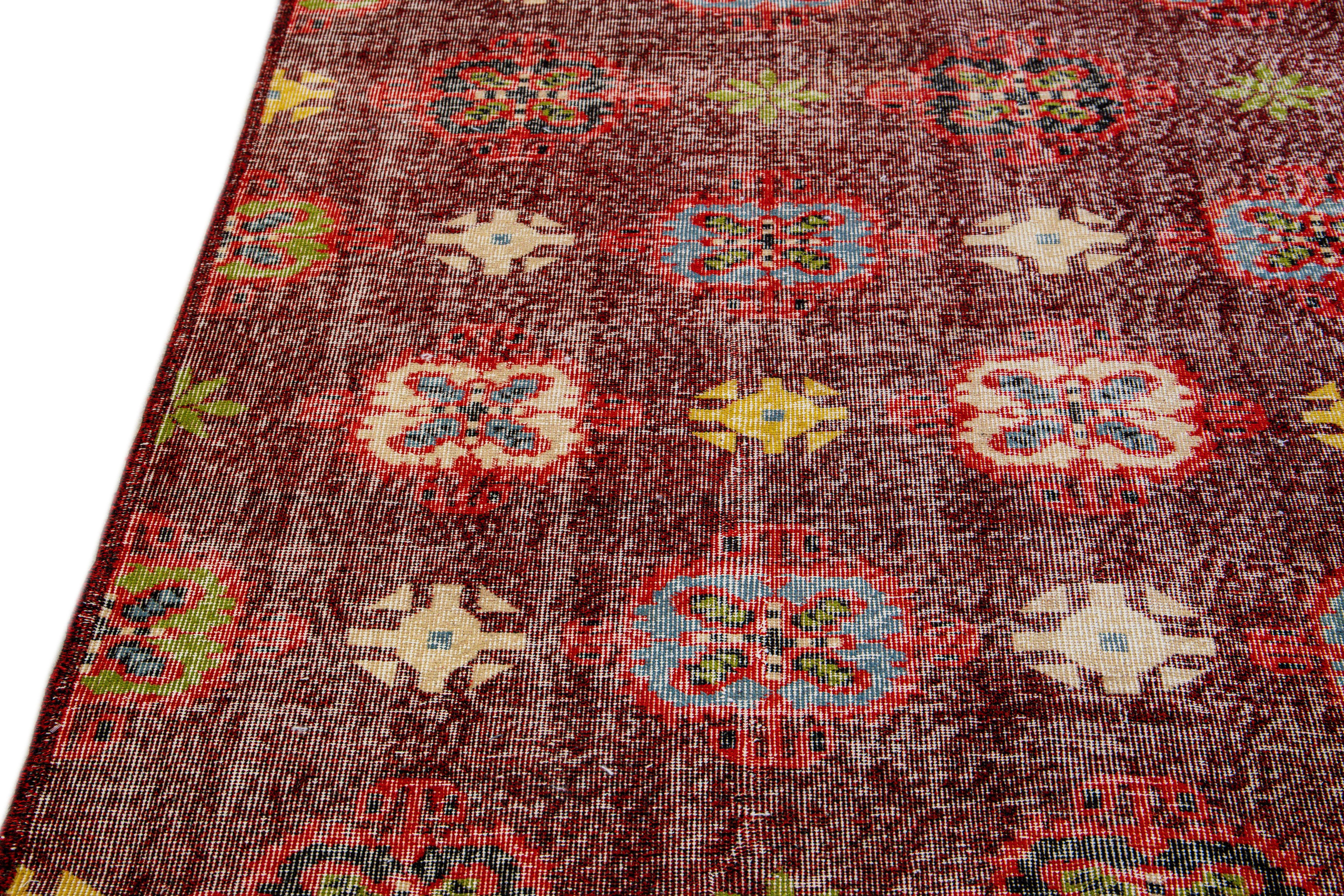 Vintage Turkish Deco Handmade Floral Pattern Burgundy Wool Rug For Sale 2