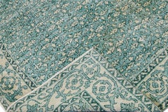 Vintage Turkish Deco Handmade Floral Pattern Teal and Beige Wool Rug