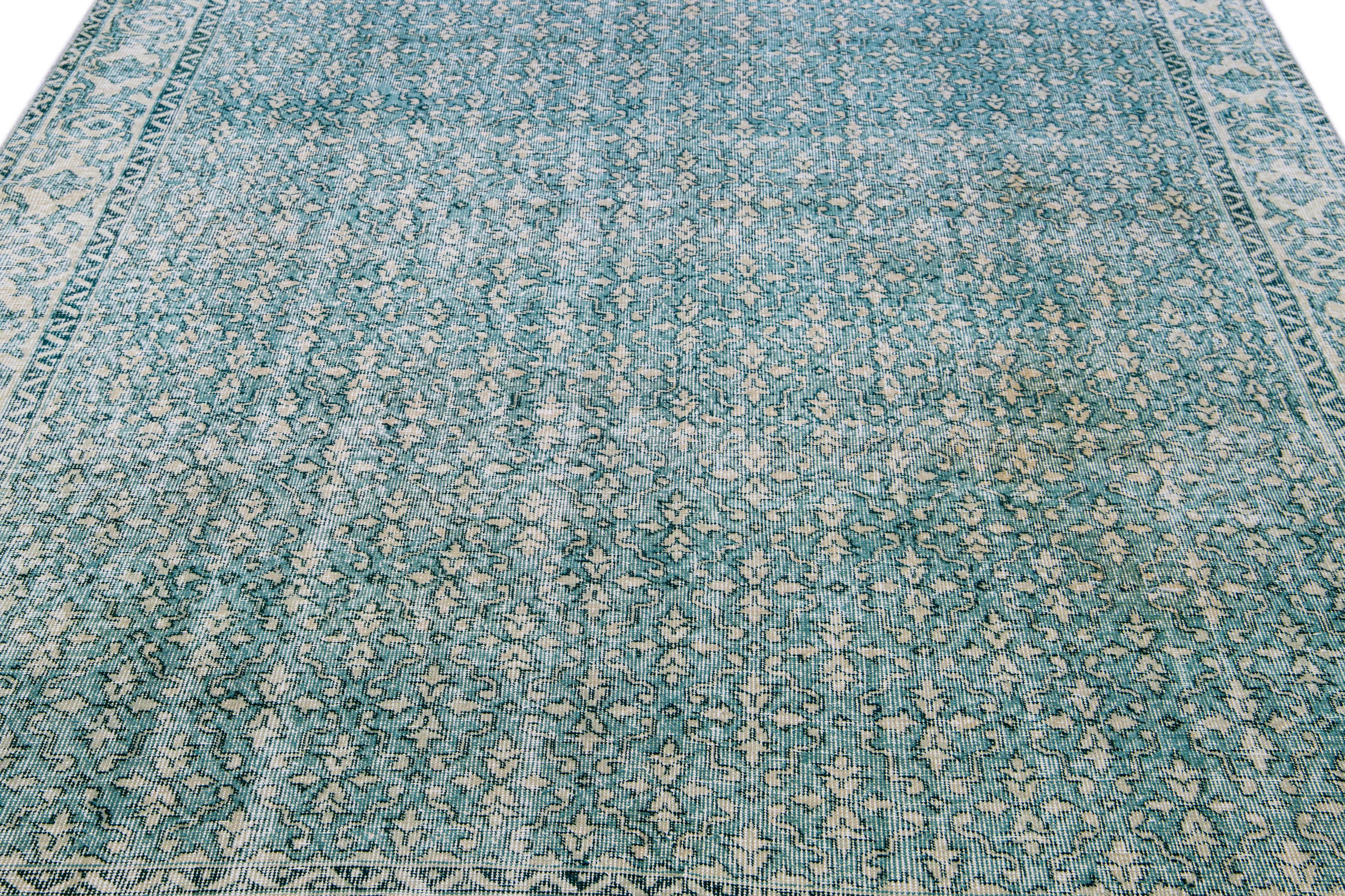 Mid-Century Modern Vintage Turkish Deco Handmade Floral Pattern Teal and Beige Wool Rug For Sale