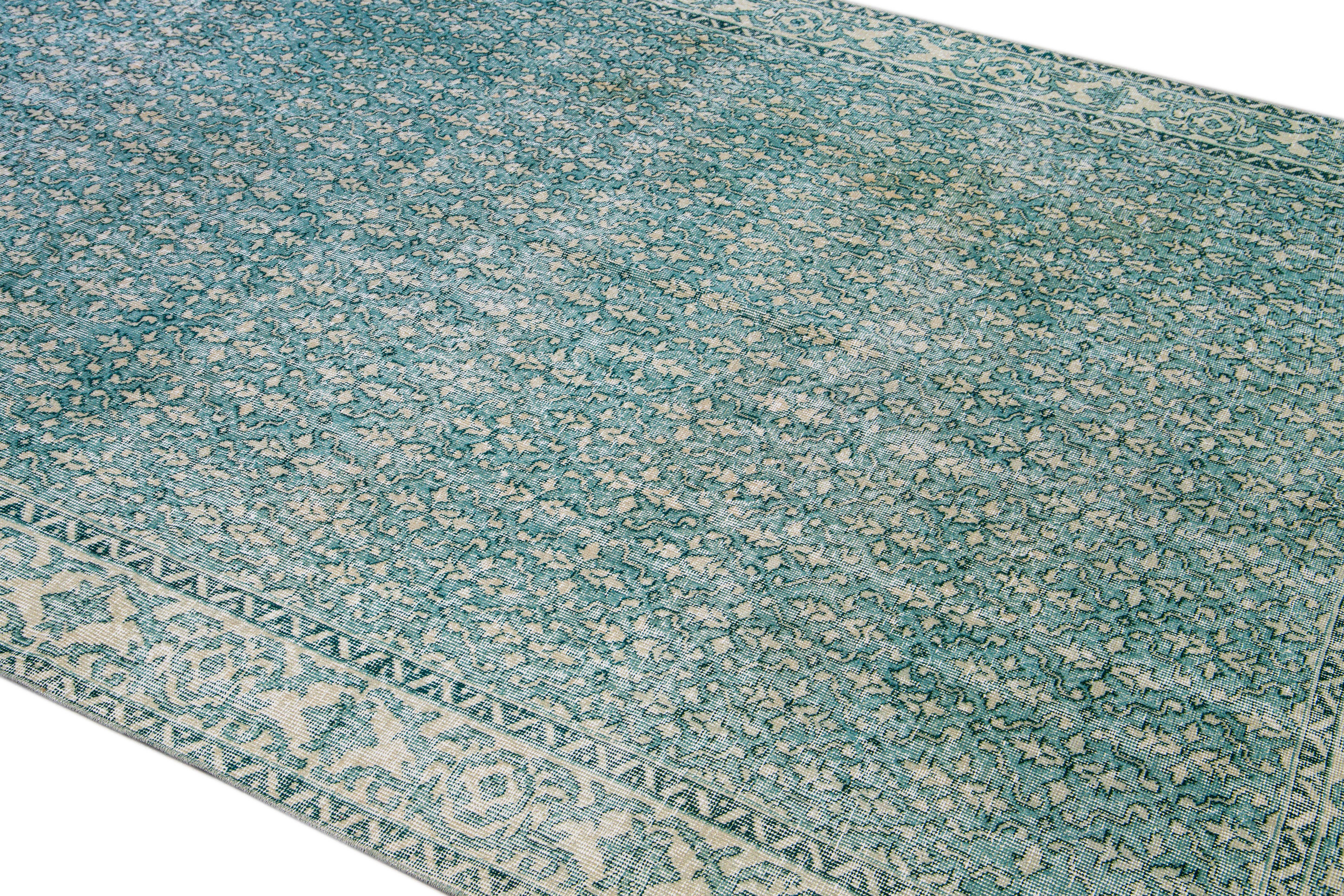 Hand-Knotted Vintage Turkish Deco Handmade Floral Pattern Teal and Beige Wool Rug For Sale