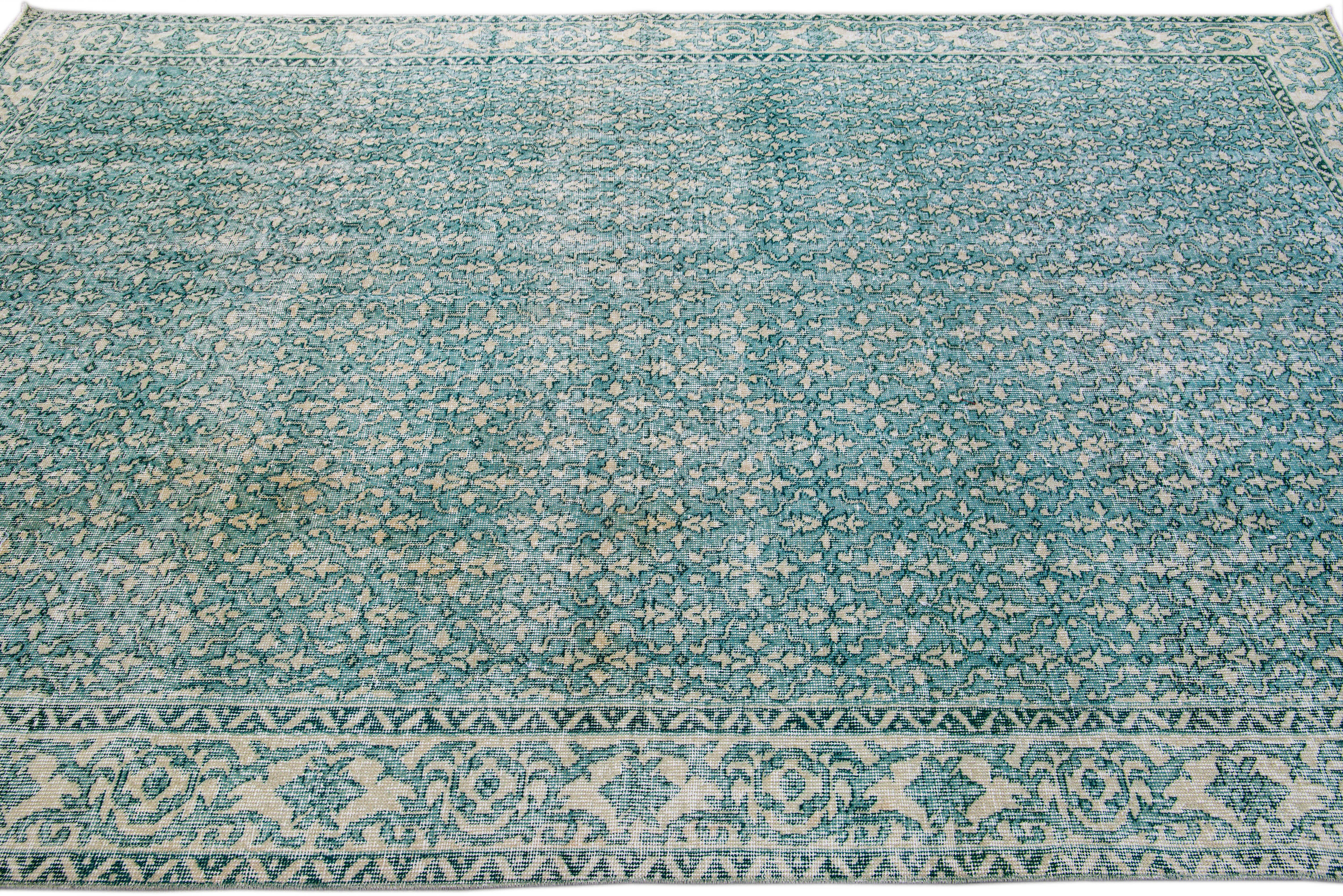 Vintage Turkish Deco Handmade Floral Pattern Teal and Beige Wool Rug In Distressed Condition For Sale In Norwalk, CT