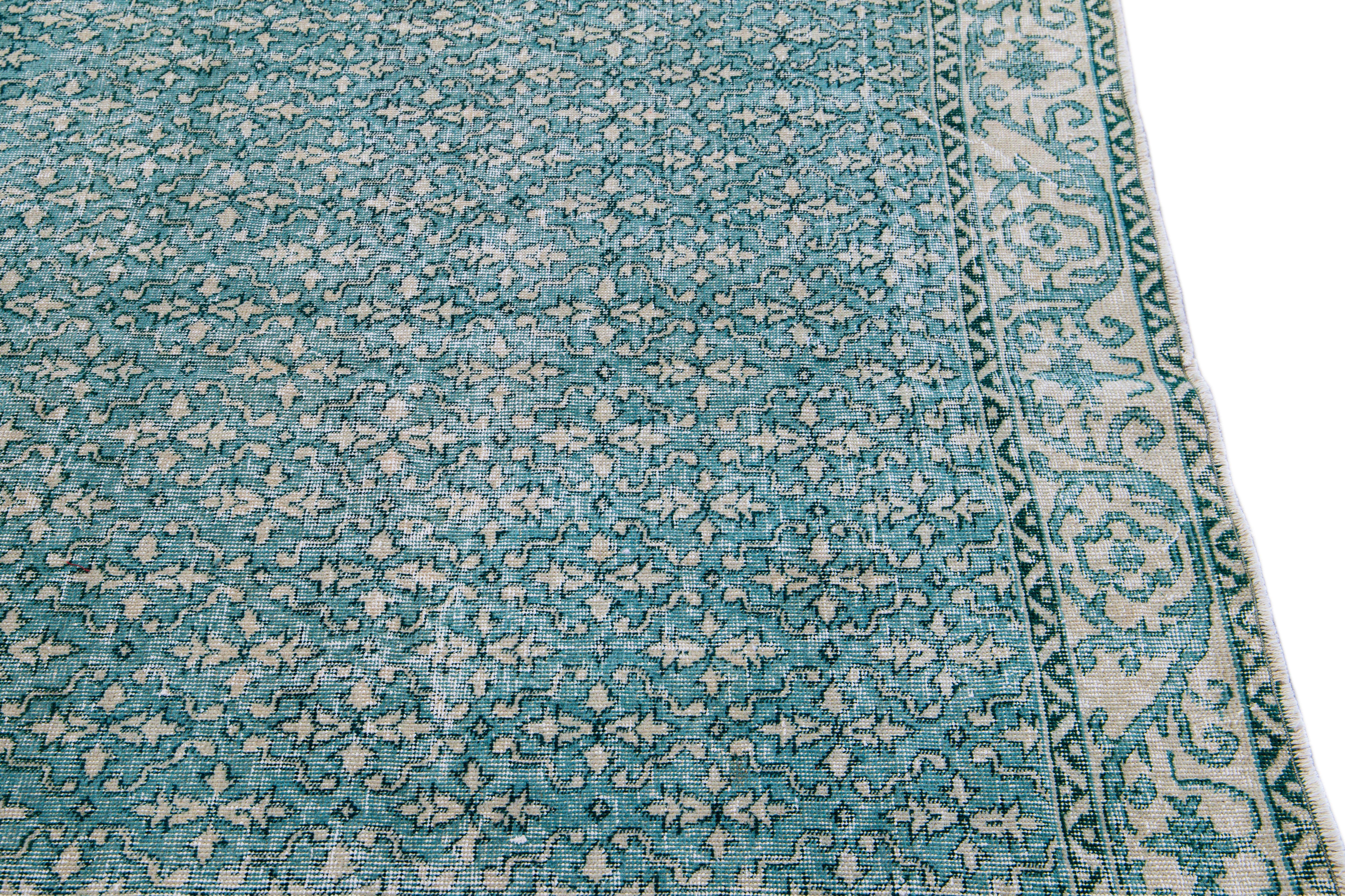 20th Century Vintage Turkish Deco Handmade Floral Pattern Teal and Beige Wool Rug For Sale