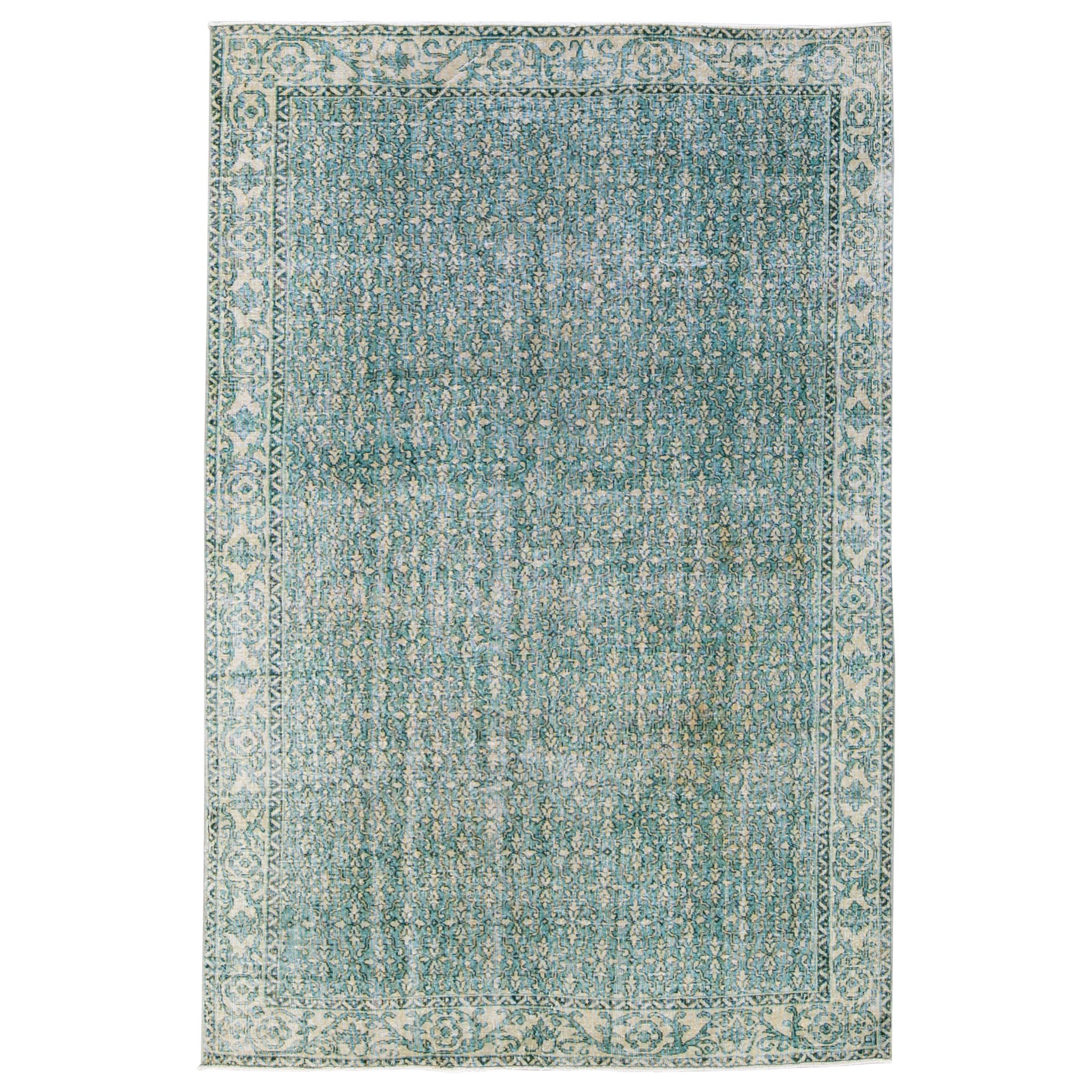 Türkischer Deko-Teppich aus Wolle mit floralem Muster in Teal und Beige, handgefertigt im Angebot