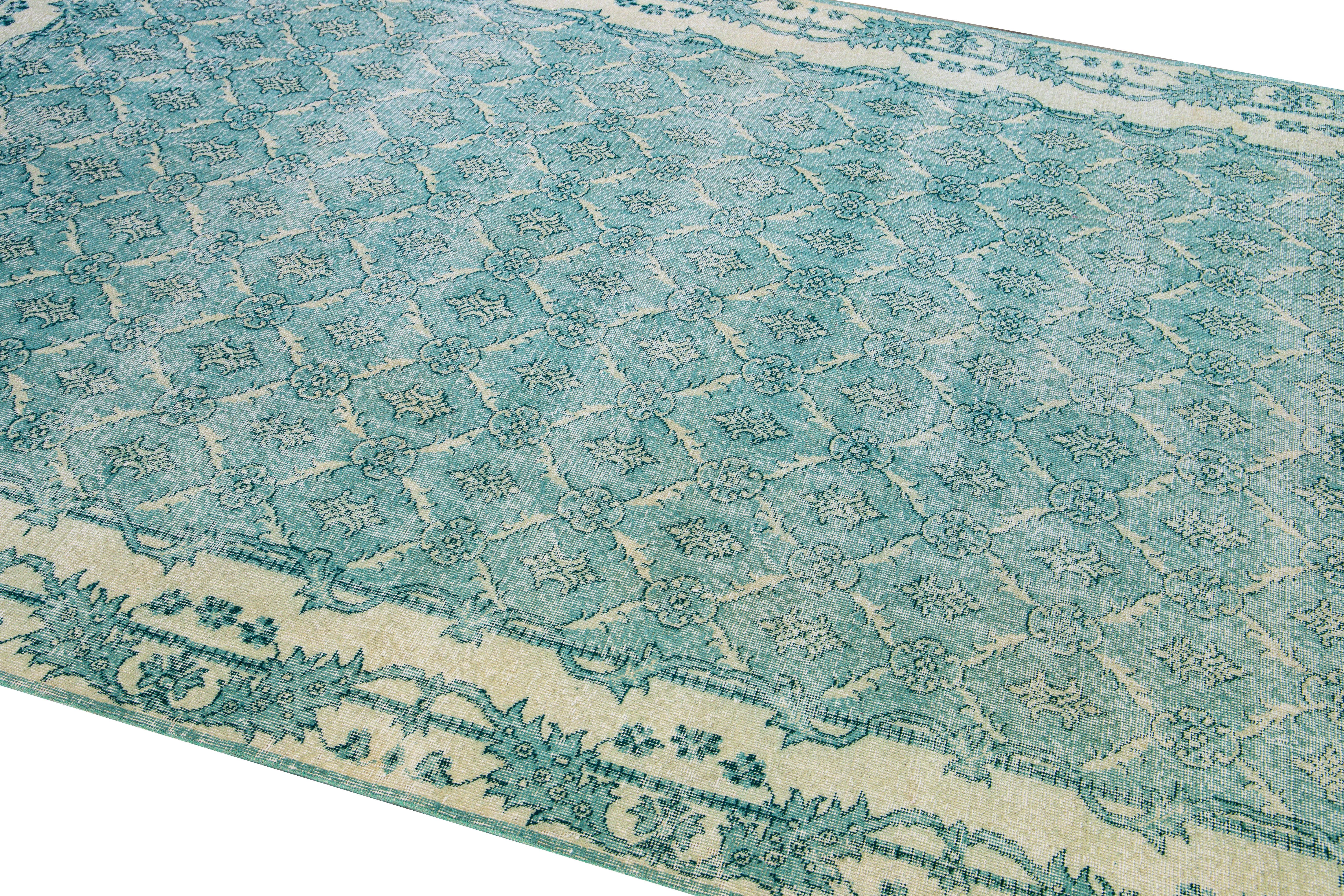 Hand-Knotted Vintage Turkish Deco Handmade Floral Pattern Teal Wool Rug For Sale