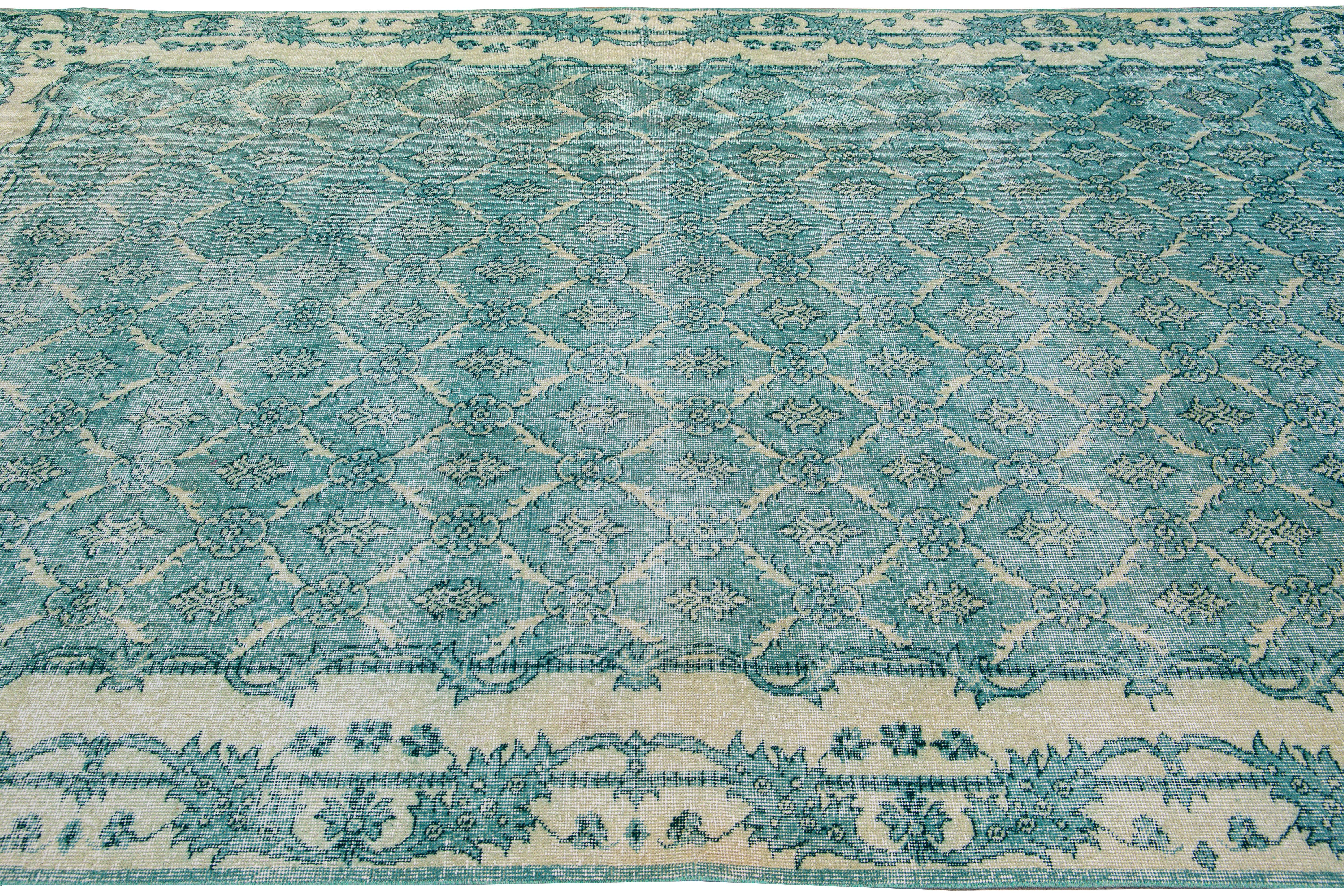 Vintage Turkish Deco Handmade Floral Pattern Teal Wool Rug In Distressed Condition For Sale In Norwalk, CT