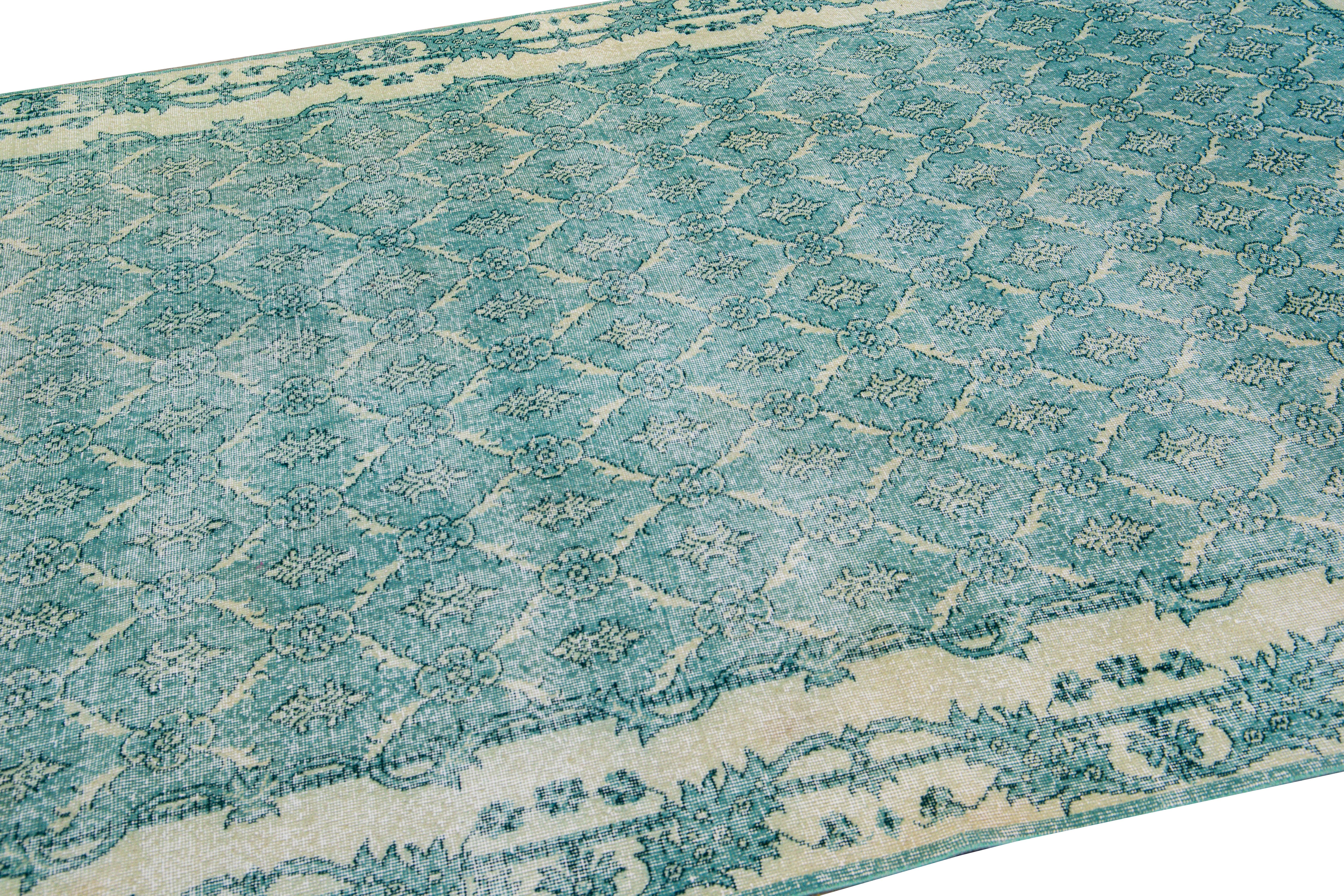 20th Century Vintage Turkish Deco Handmade Floral Pattern Teal Wool Rug For Sale