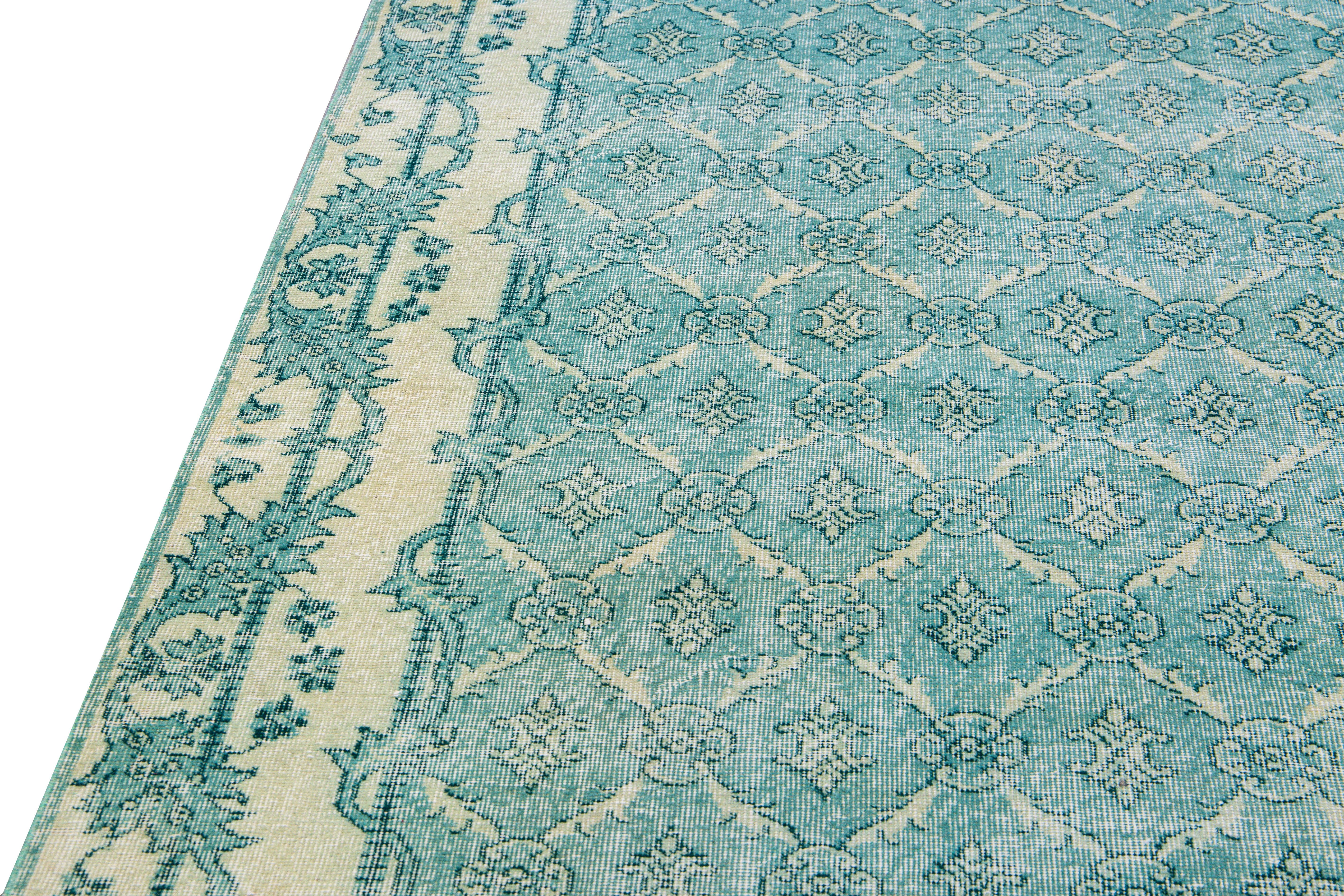 Vintage Turkish Deco Handmade Floral Pattern Teal Wool Rug For Sale 1